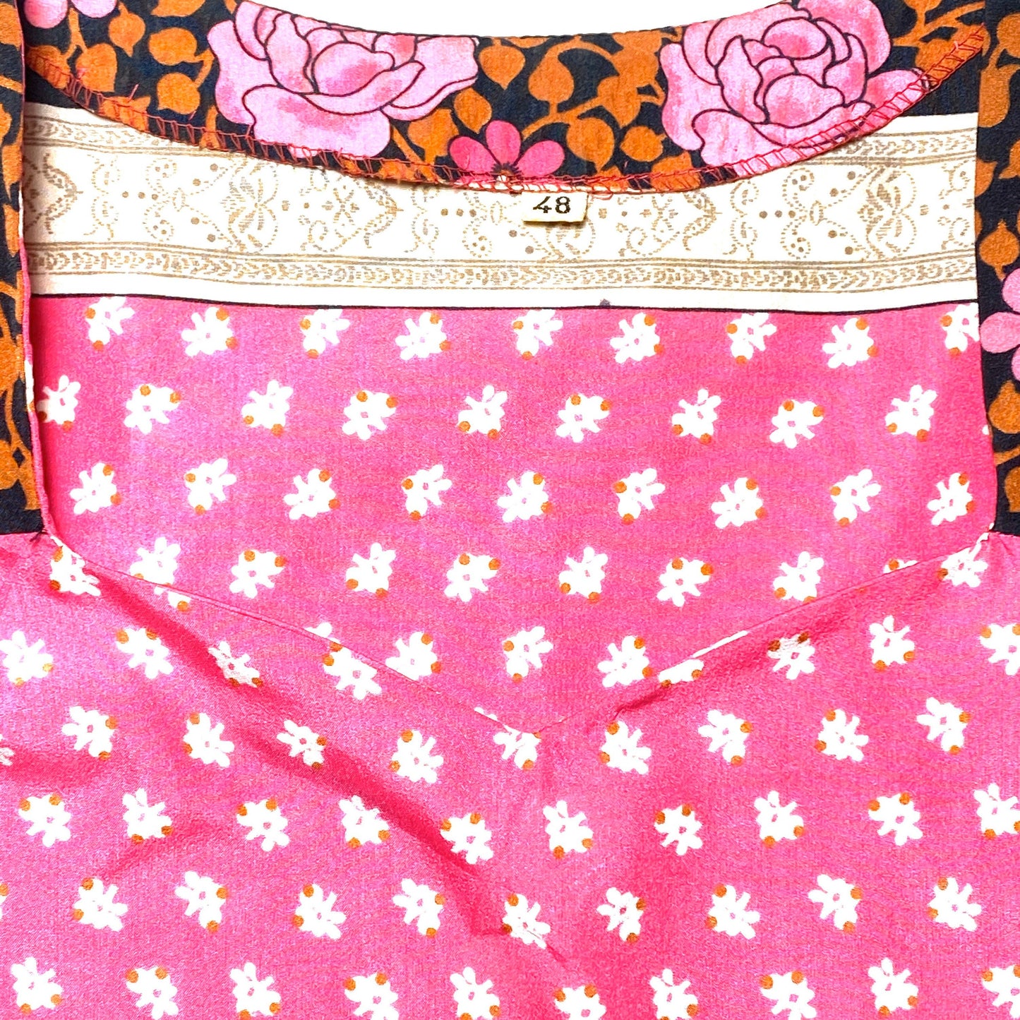 1970s pink/black-floral striped allover blouson dress sz 48