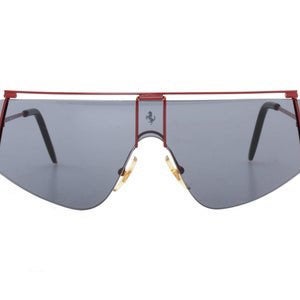 Ferrari F15 shield sunglasses, modernist wrap red enameled shades made in Italy, 1980s NOS