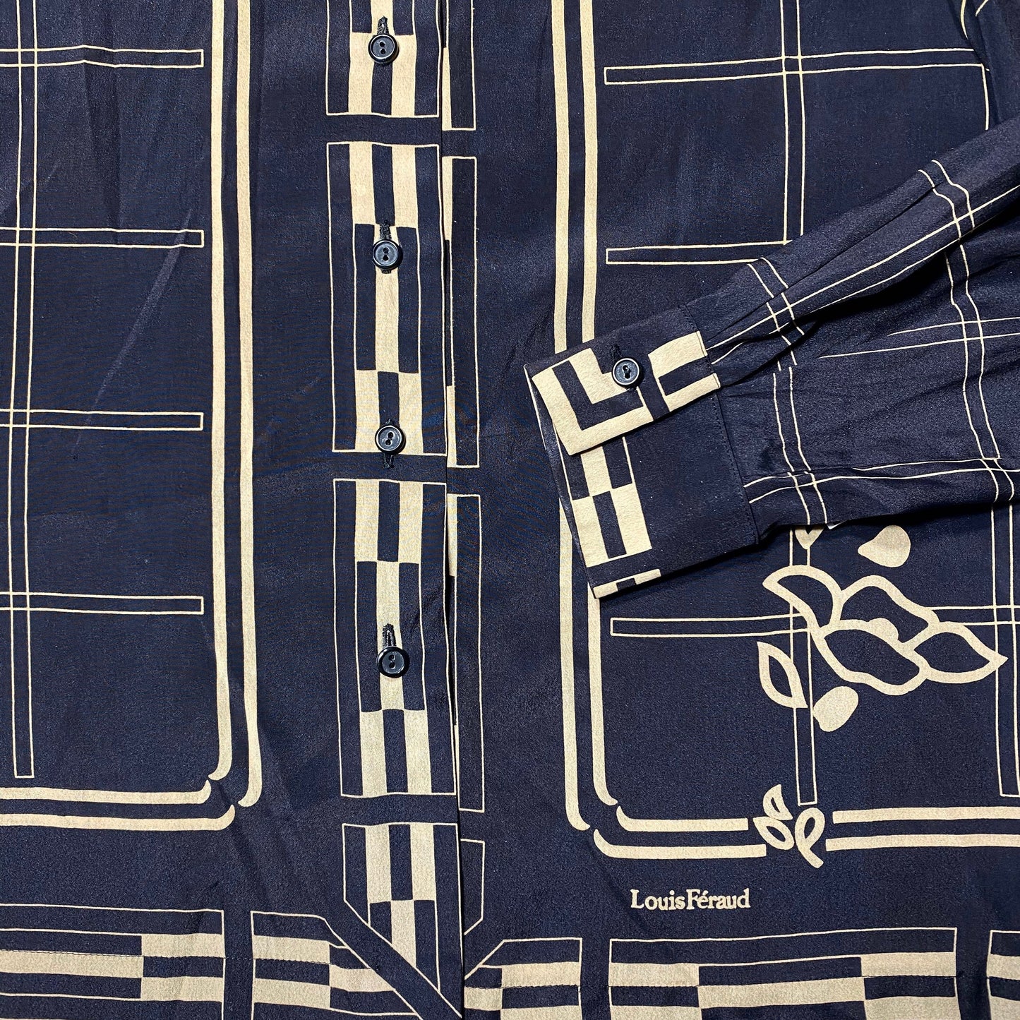 Louis Feraud 1970s black silk blouse with abstract print allover, mint condition