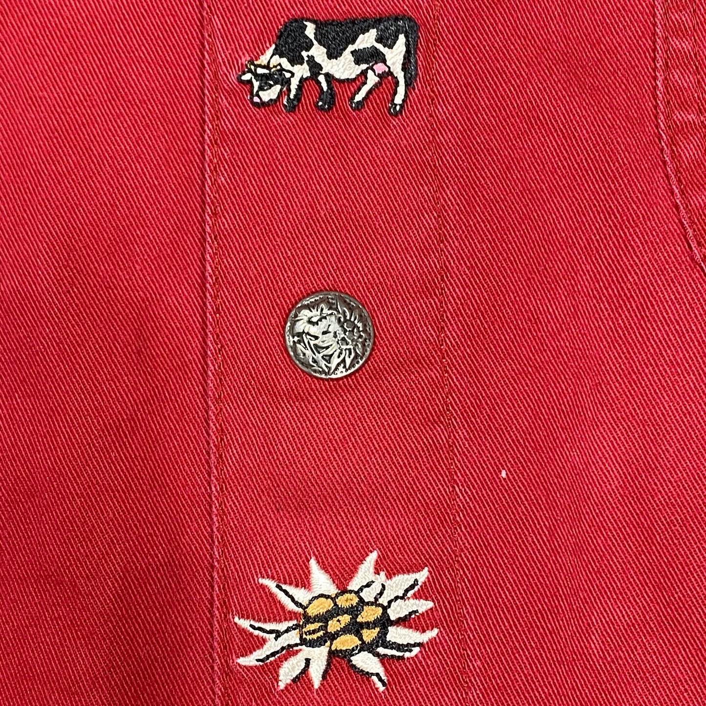 Top Spirit red cotton denim shirt with cute alps themed embroideries, cows, Alpine stars, in mint condition sz L