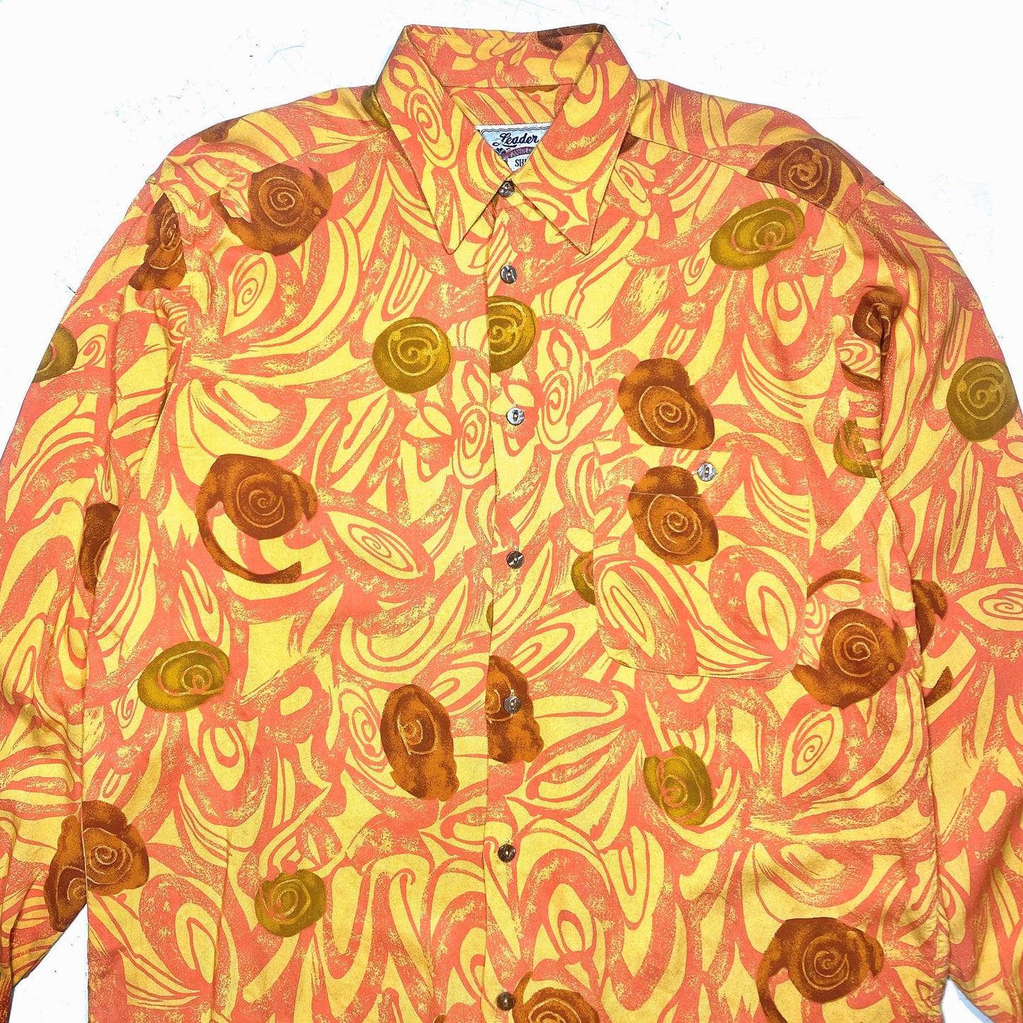 Leader abstract Ochre \ Orange / Brown tones fine viscose summer shirt, Sz S but fits more