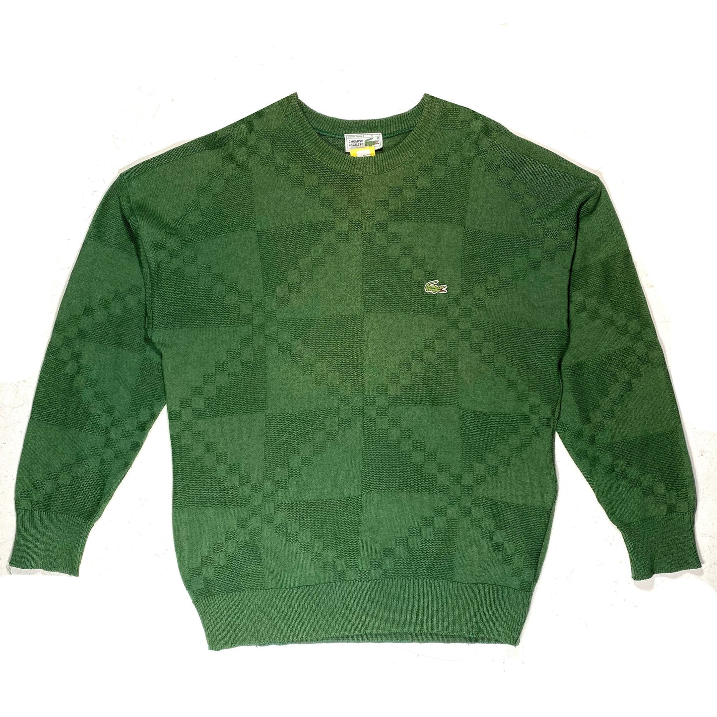 Lacoste green cotton pullover with geometrical tone on tone allover, mint condition sz 5