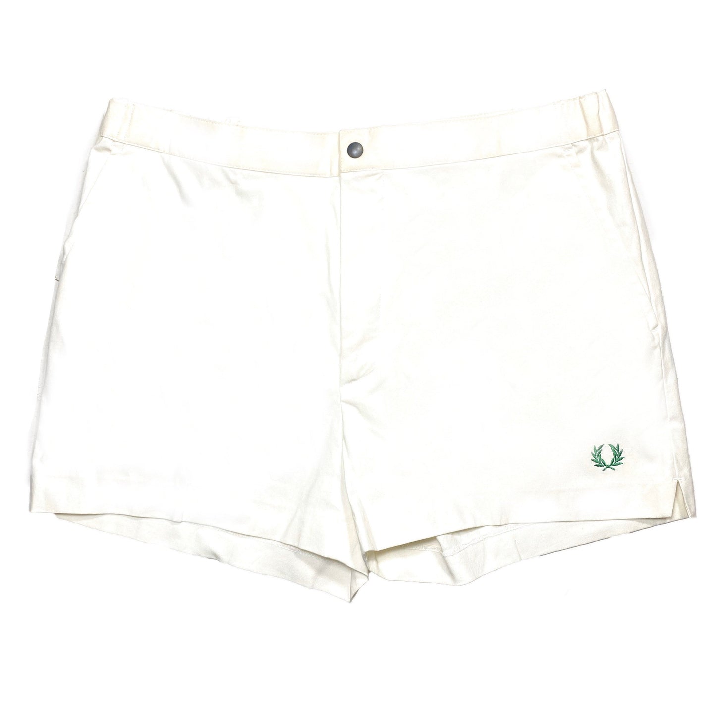 Fred Perry 1980s white tennis shorts with green logo, sz L / 54, new with tags