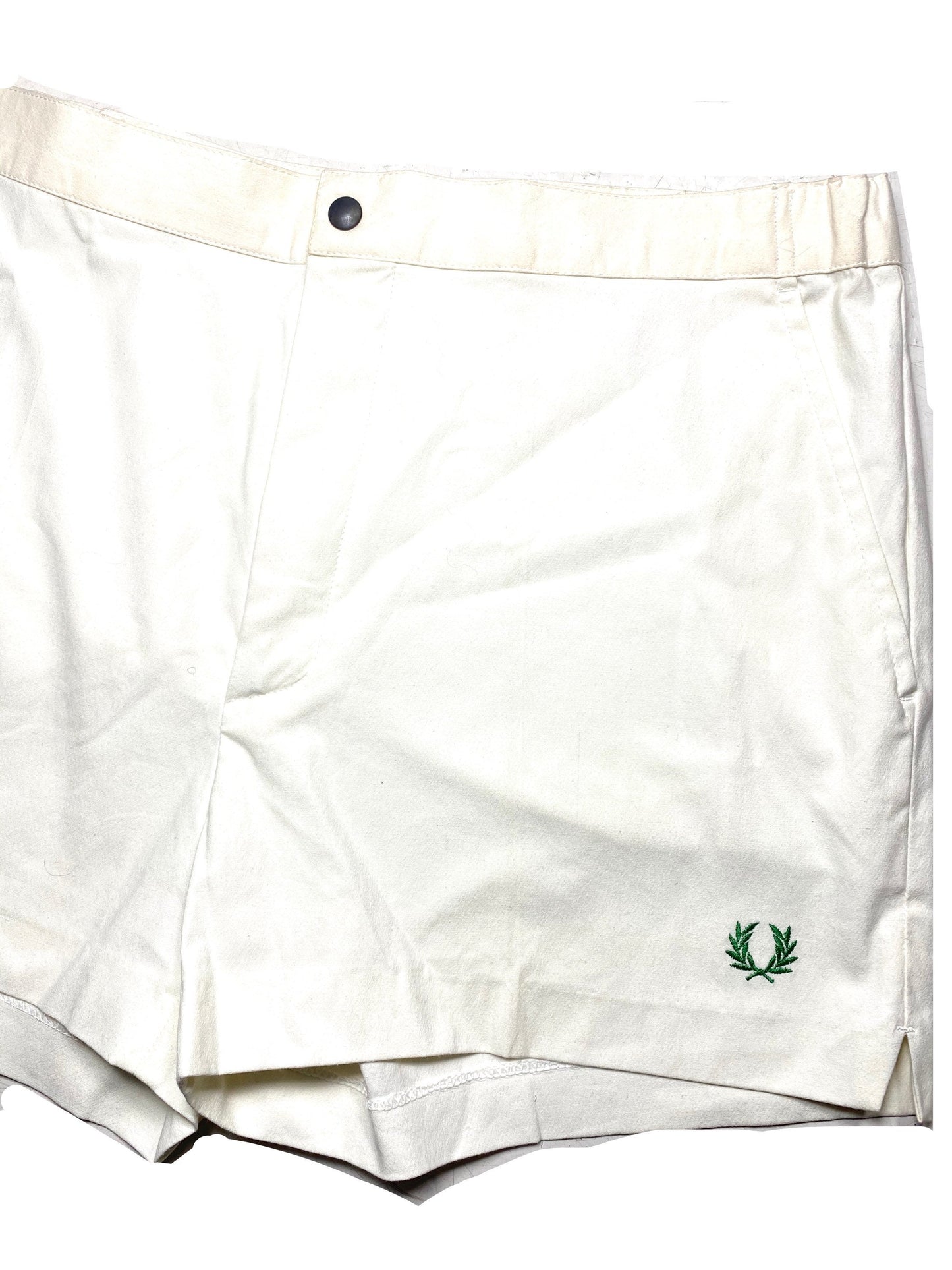 Fred Perry 1980s white tennis shorts with green logo, sz L / 54, new with tags