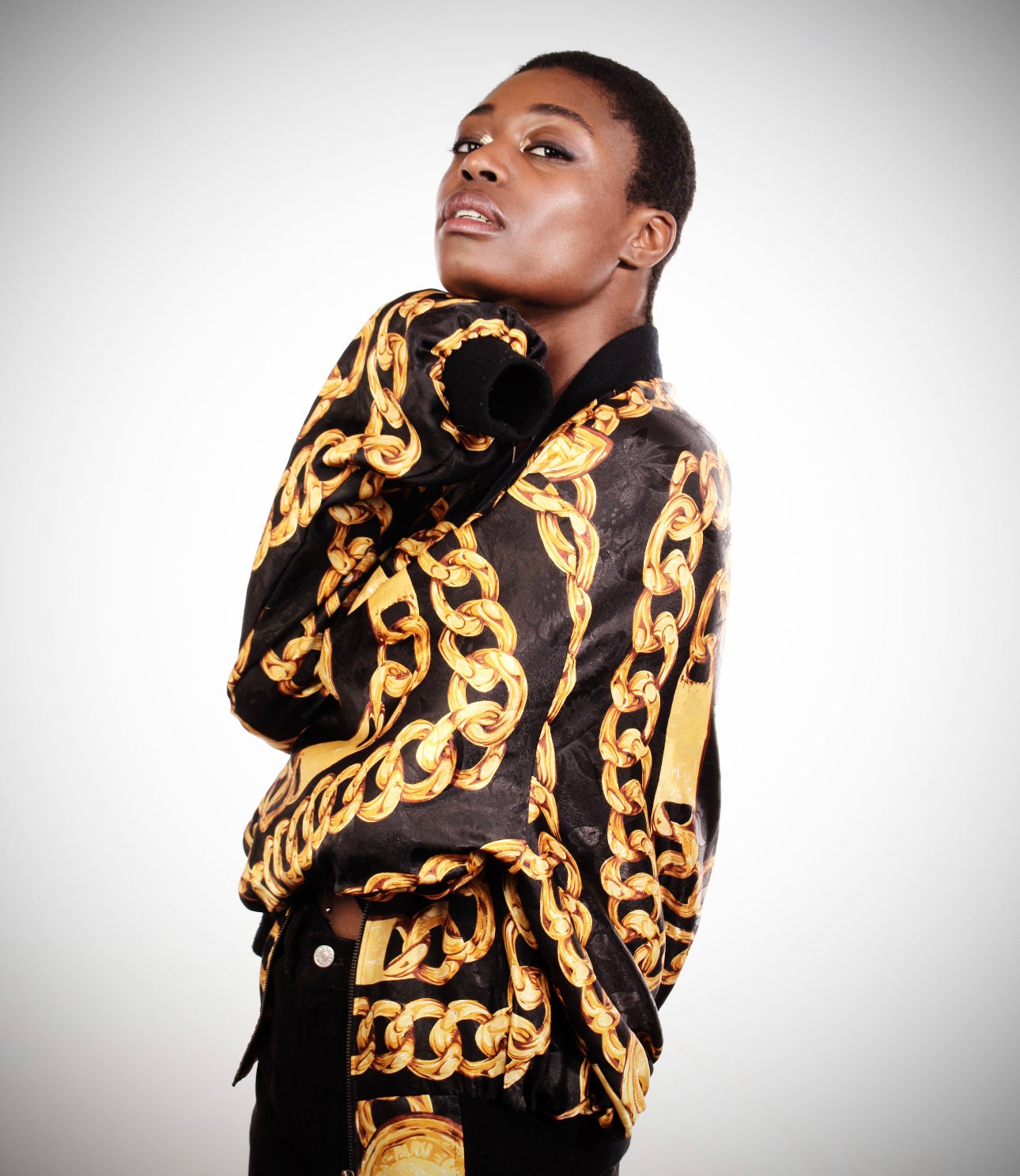 Baroque bomber with Gold chains on black jacquard base, coolest piece in great condition, 90s