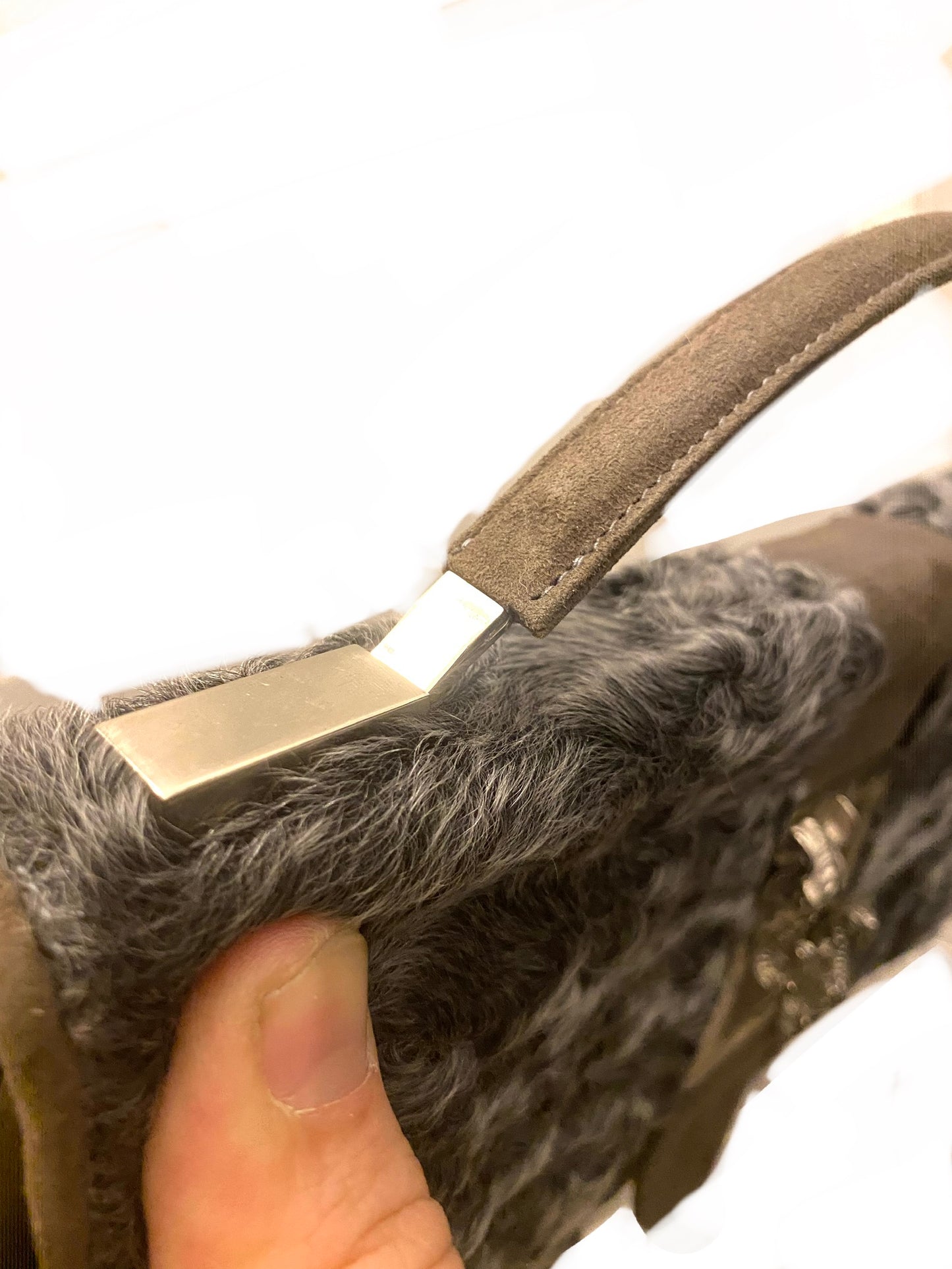 Veritable Grey Persian fur pouch with cute elephant embossed buckle, nos 60s