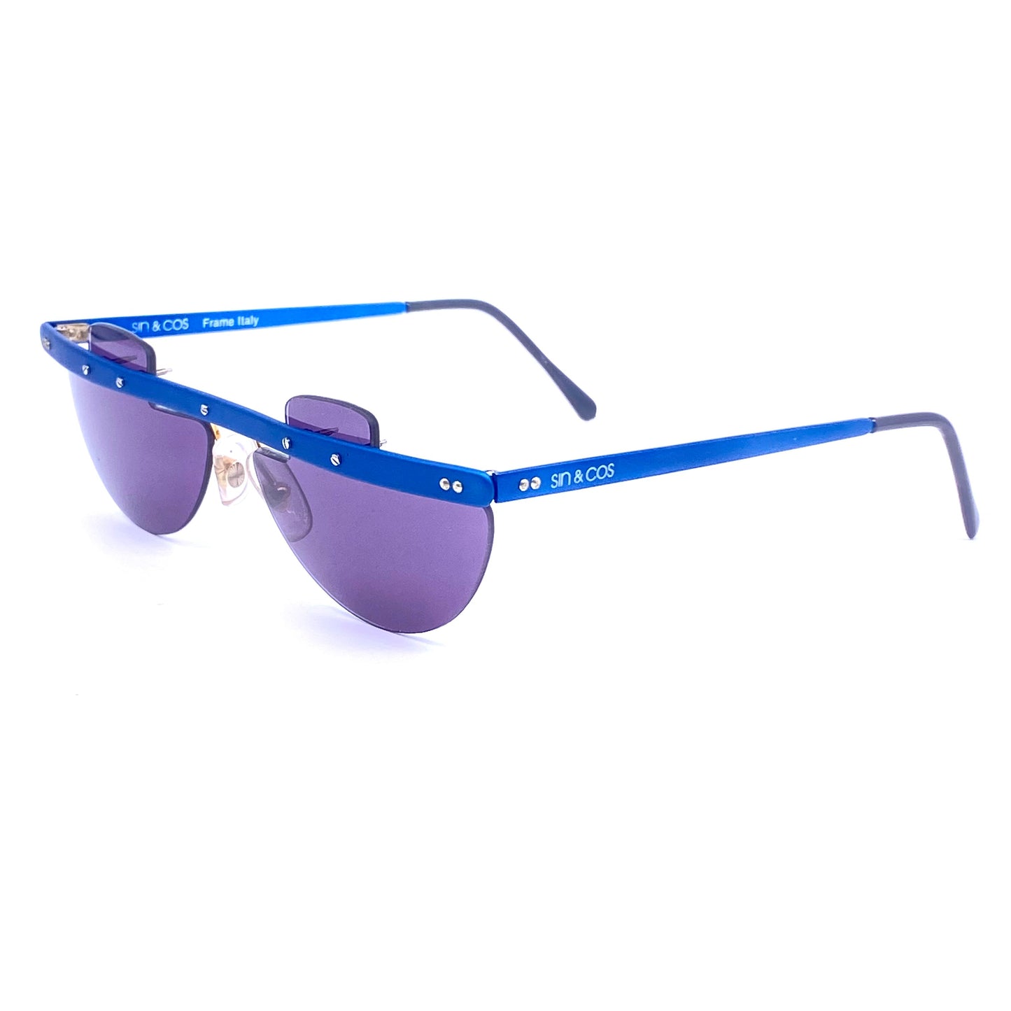 Sin&Cos semi circle anodized metal steampunk sunglasses, blue, silver or red, NOS 90s Italy