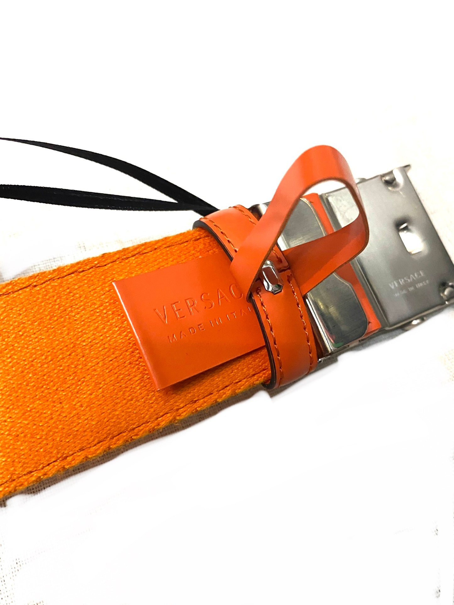 Versace orange Greek safety style strap belt, new with tags