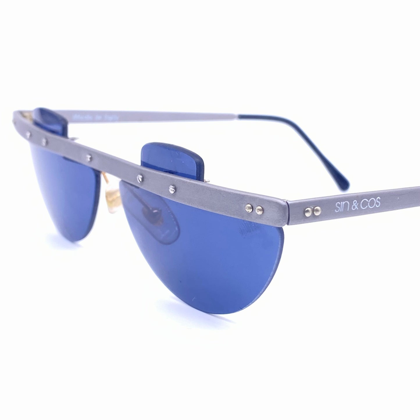Sin&Cos semi circle anodized metal steampunk sunglasses, blue, silver or red, NOS 90s Italy