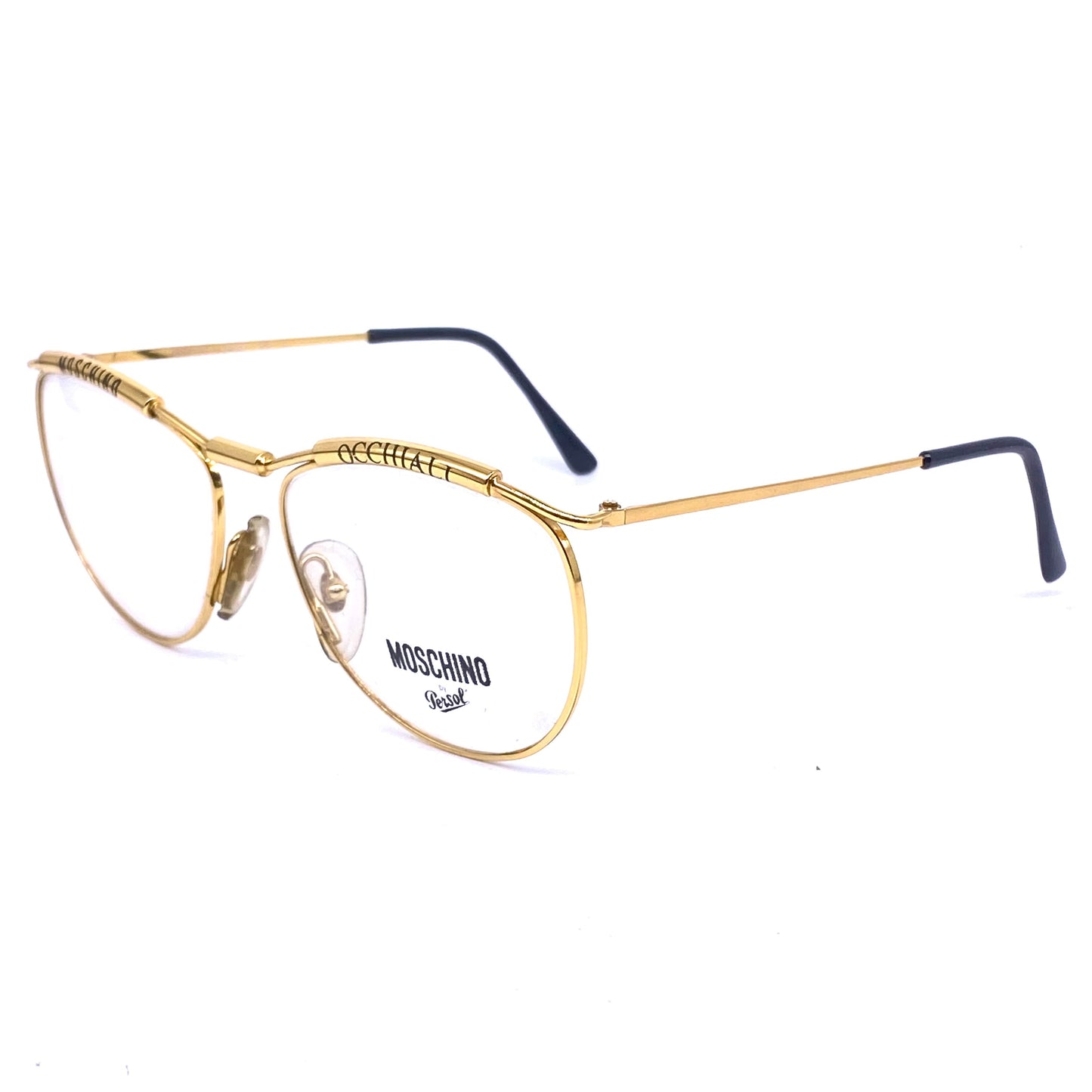 Moschino-Persol M18 golden metal frames with printed brows, 1980s NOS Italy