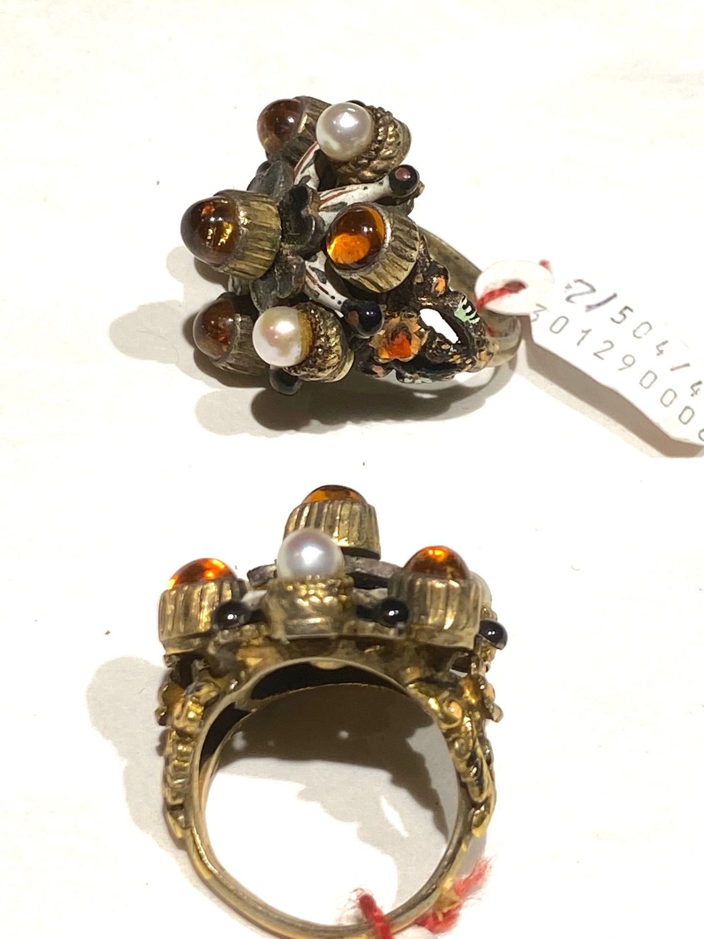 Round windstar, pearls & amber spheres 925 gold plated rings, NOS 60s