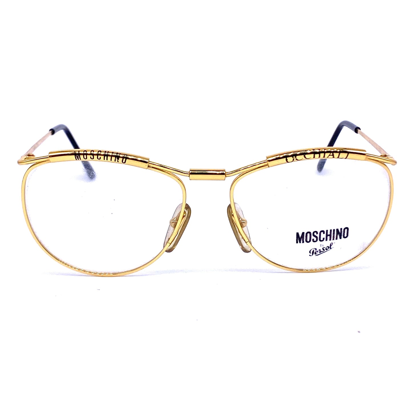 Moschino-Persol M18 golden metal frames with printed brows, 1980s NOS Italy