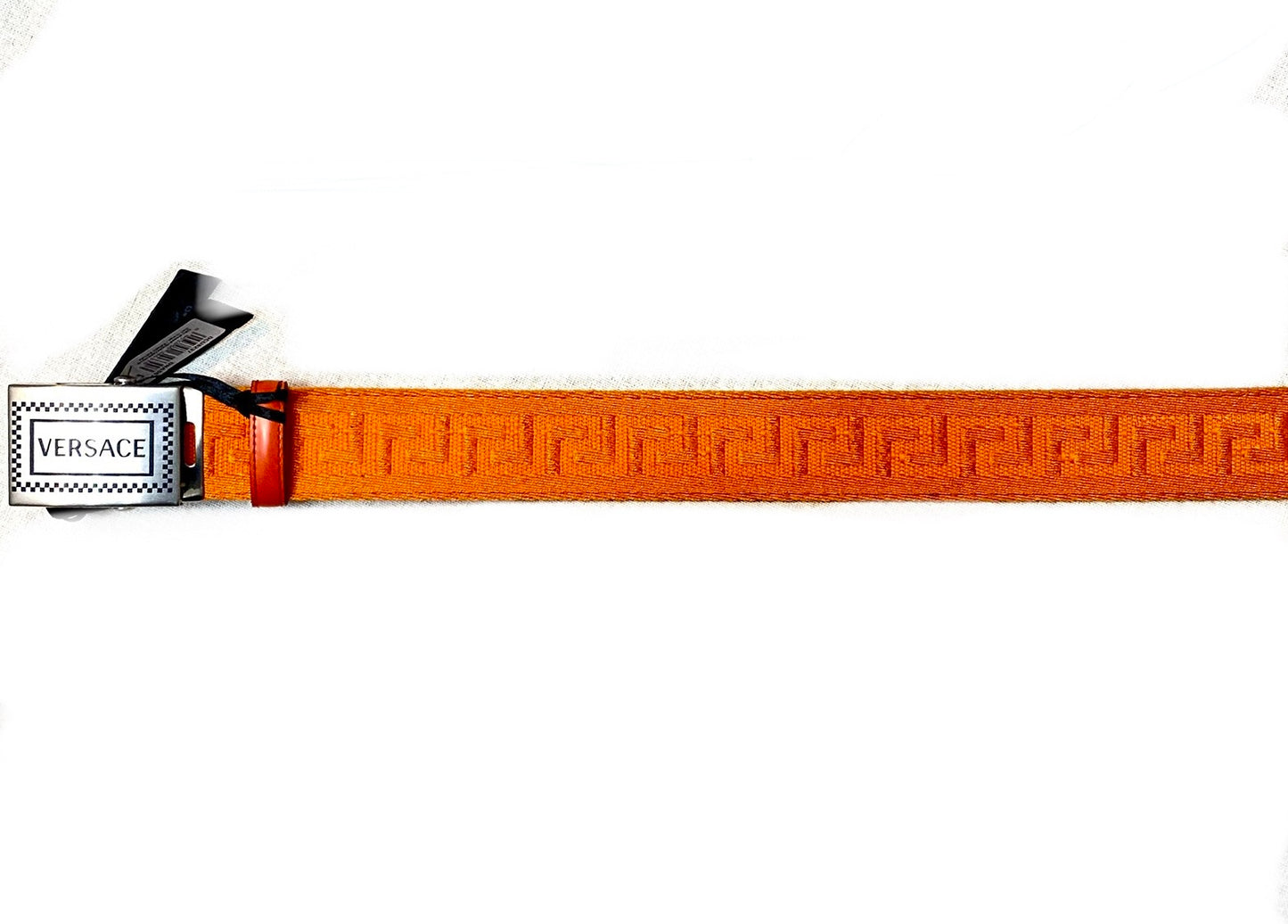Versace orange Greek safety style strap belt, new with tags