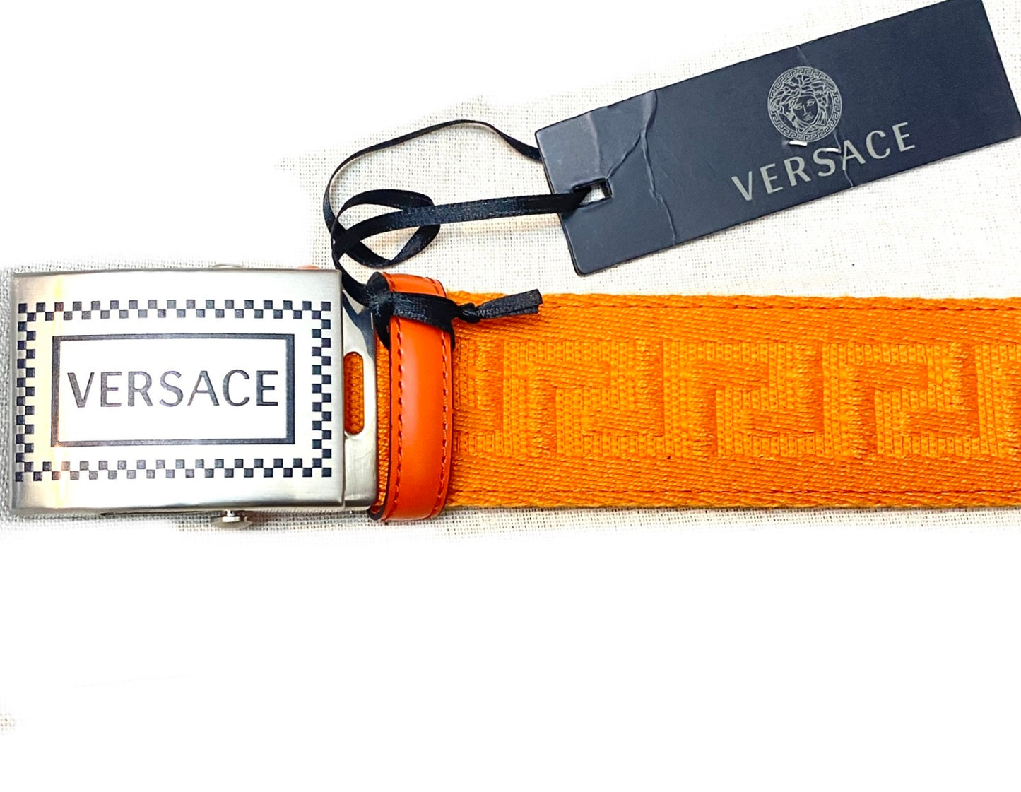 Versace orange Greek safety style strap belt, new with tags