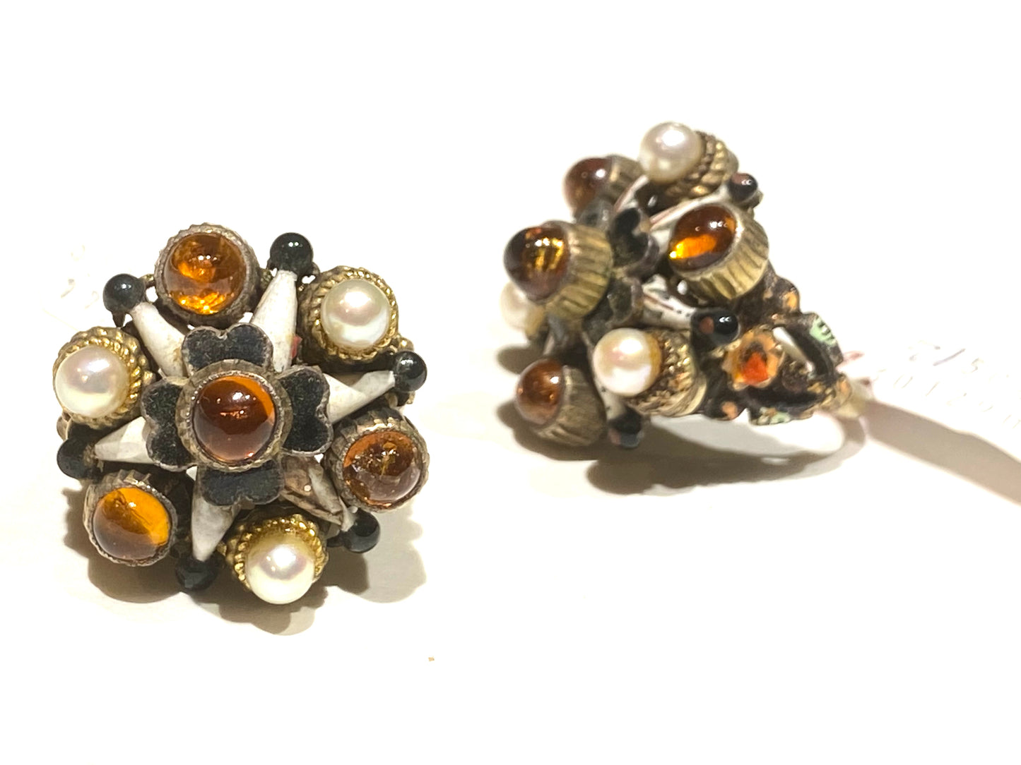 Round windstar, pearls & amber spheres 925 gold plated rings, NOS 60s