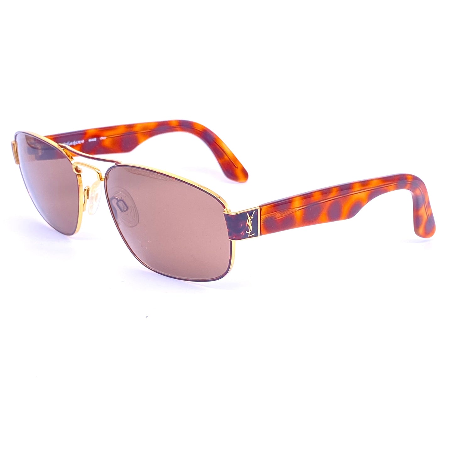 YSL Saint Laurent square gold aviator sunglasses with black or tortoise temples, NOS 80s Italy