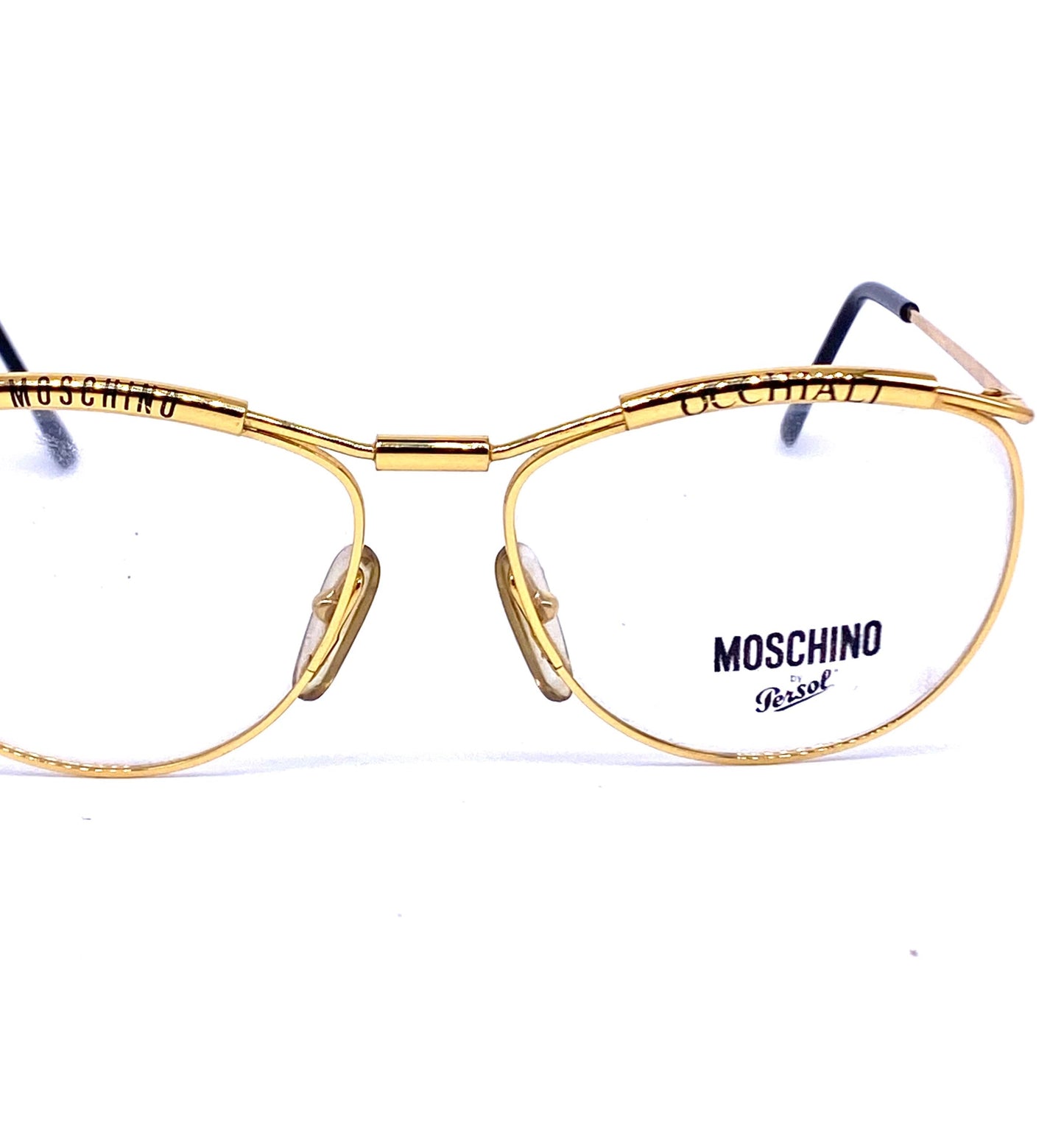 Moschino-Persol M18 golden metal frames with printed brows, 1980s NOS Italy