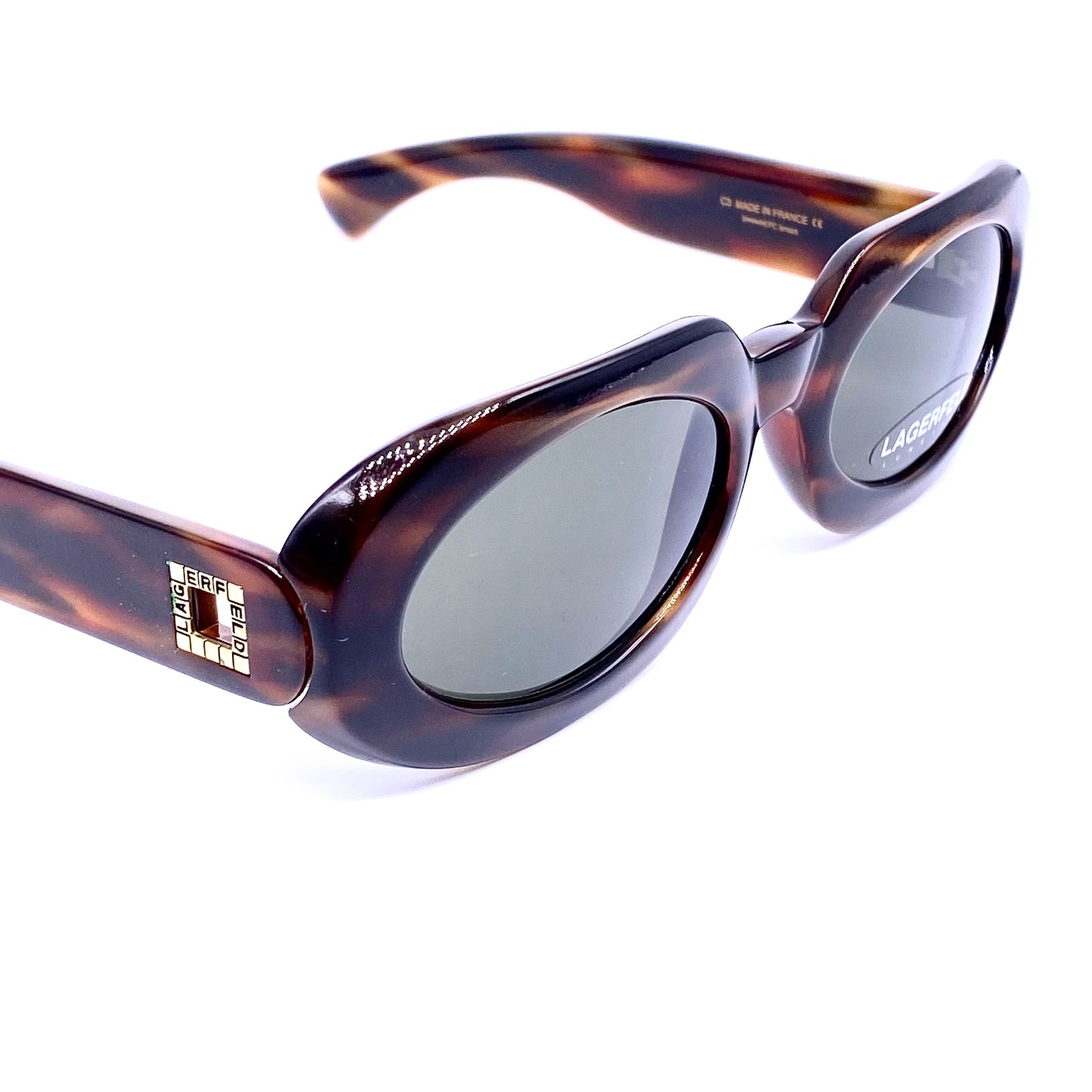 Karl Lagerfeld ladies thick oval sunglasses with square cutoff branding detail, NOS 90s France