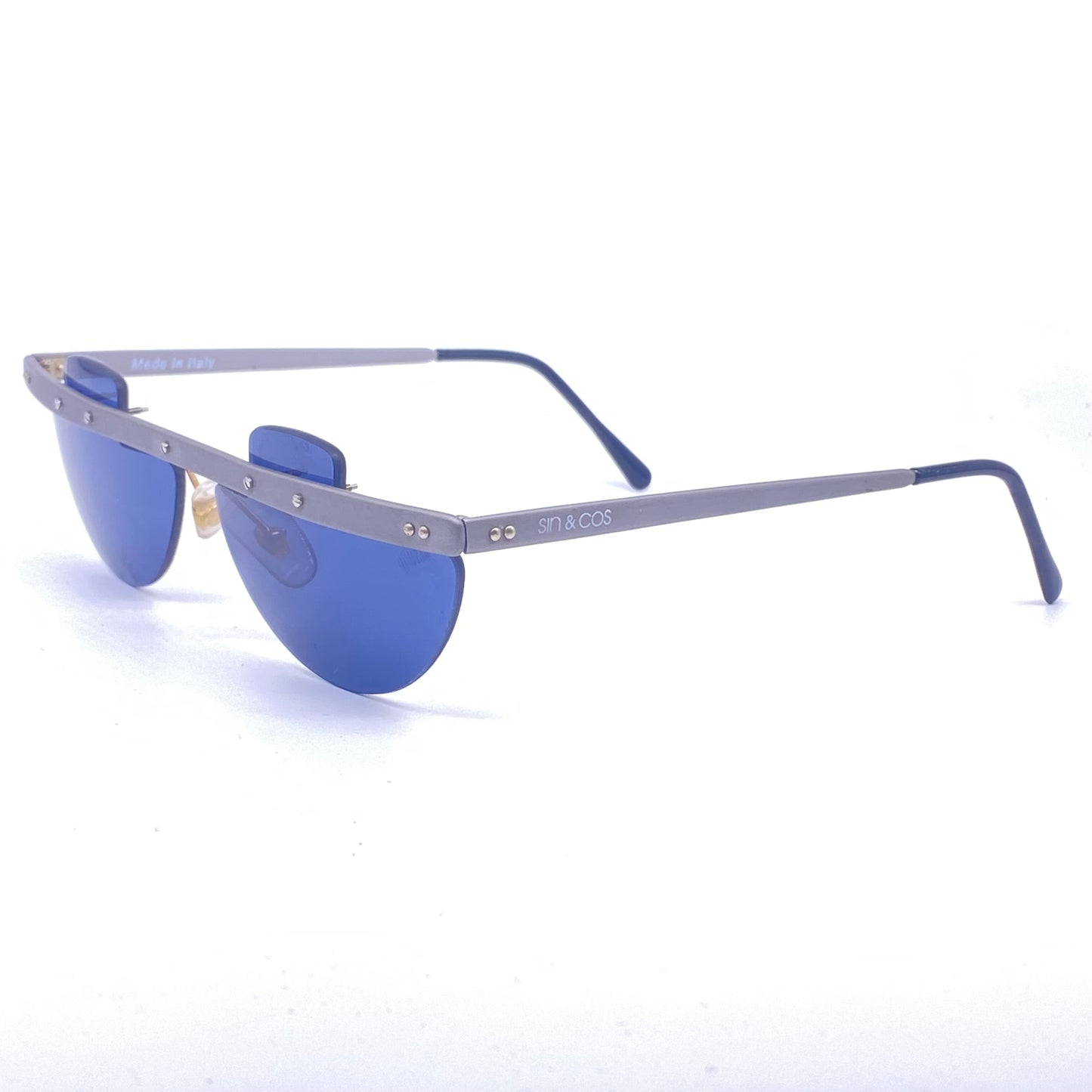 Sin&Cos semi circle anodized metal steampunk sunglasses, blue, silver or red, NOS 90s Italy
