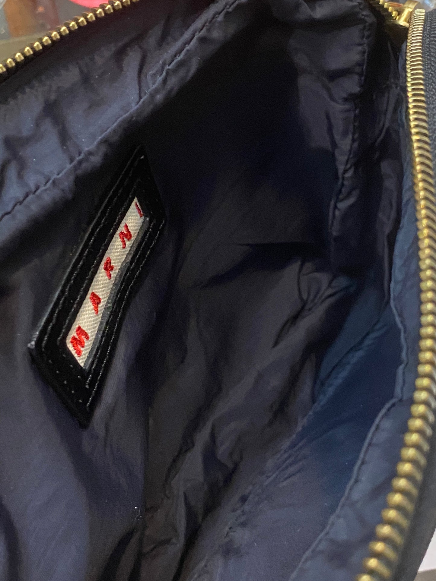 Marni black canvas pouch bag w leather handle & beaded keychain