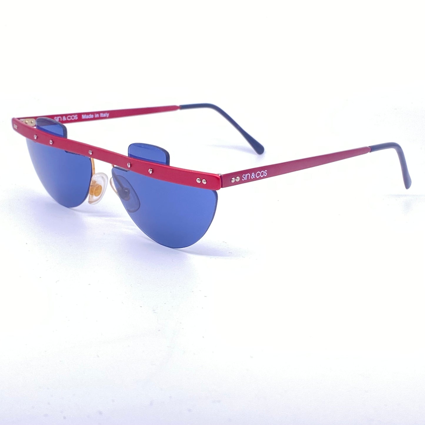 Sin&Cos semi circle anodized metal steampunk sunglasses, blue, silver or red, NOS 90s Italy
