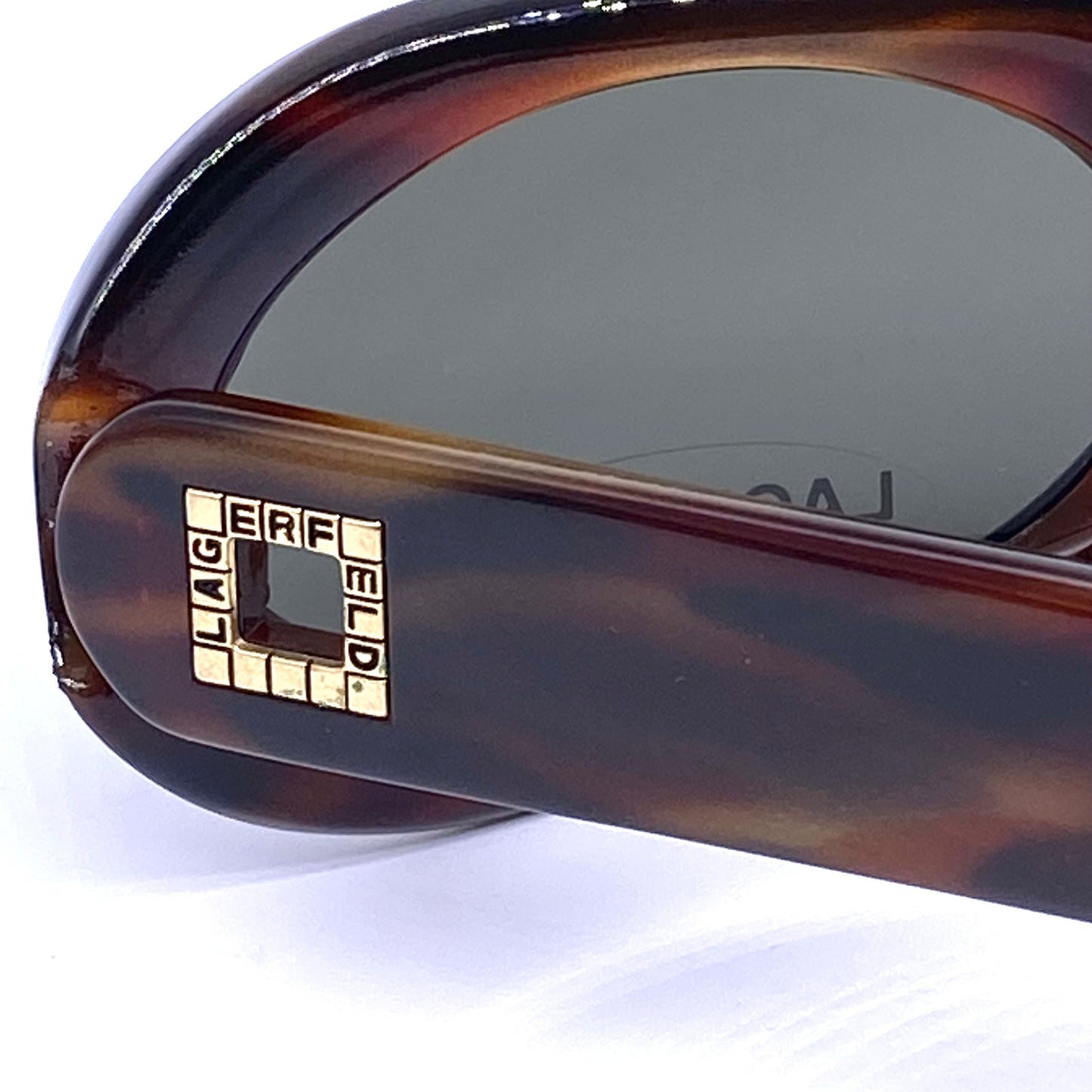 Karl Lagerfeld ladies thick oval sunglasses with square cutoff branding detail, NOS 90s France