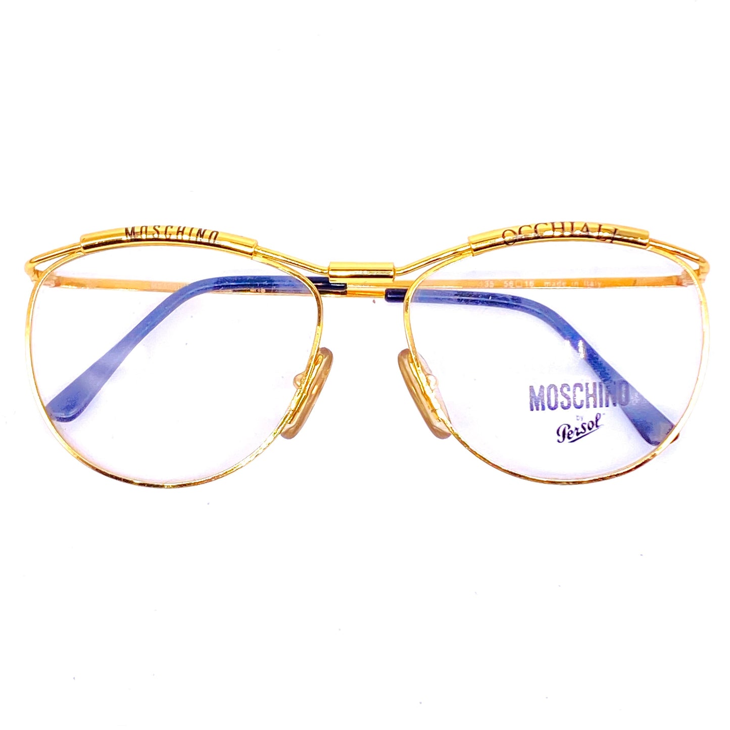 Moschino-Persol M18 golden metal frames with printed brows, 1980s NOS Italy