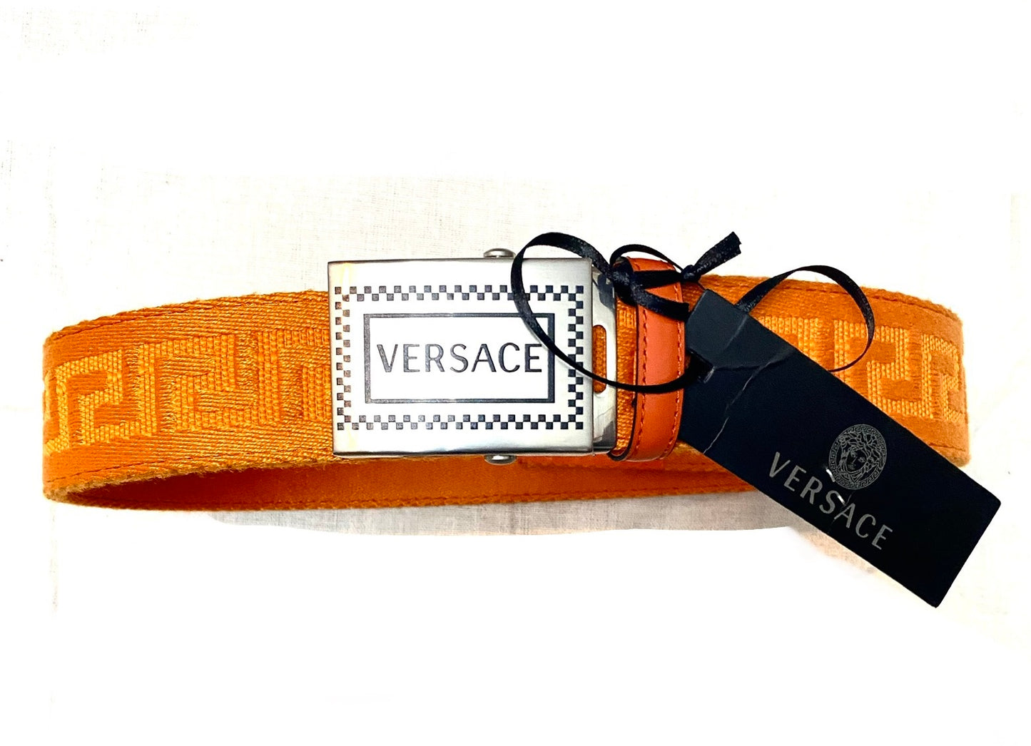 Versace orange Greek safety style strap belt, new with tags