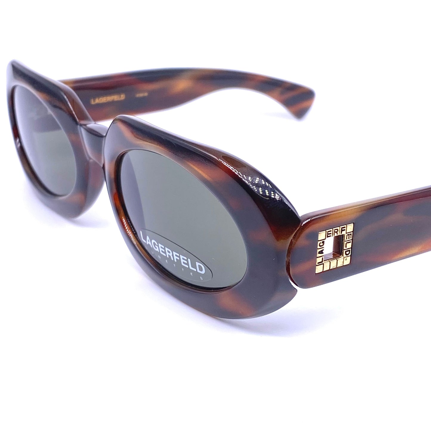 Karl Lagerfeld ladies thick oval sunglasses with square cutoff branding detail, NOS 90s France