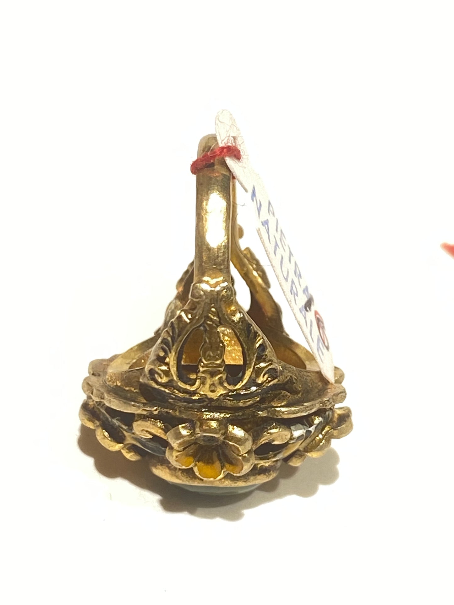 Baroque Italian style green agate Gold plated silver ring, hand enameled