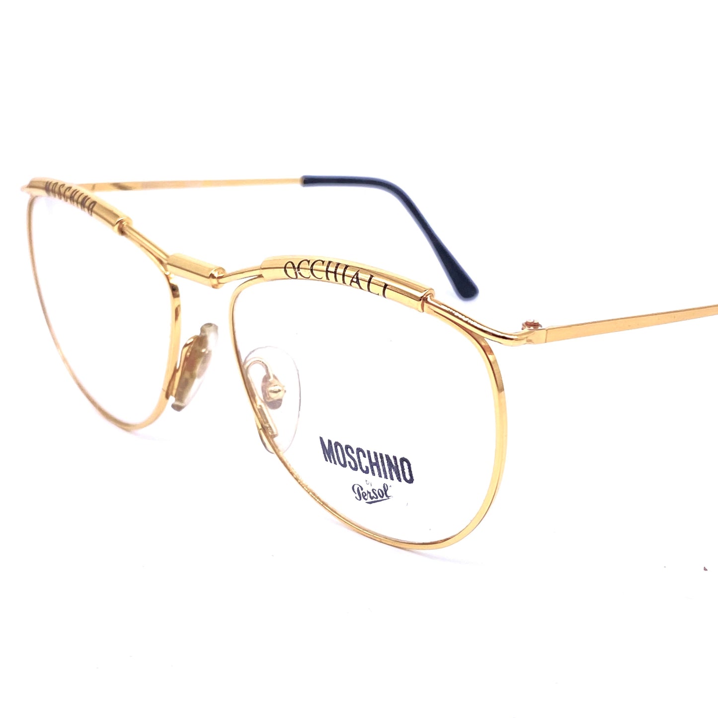 Moschino-Persol M18 golden metal frames with printed brows, 1980s NOS Italy