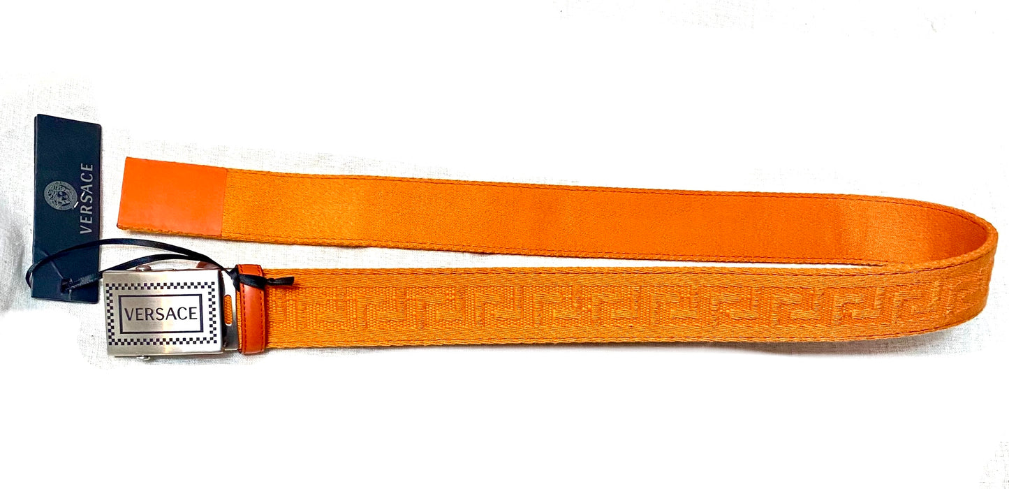 Versace orange Greek safety style strap belt, new with tags