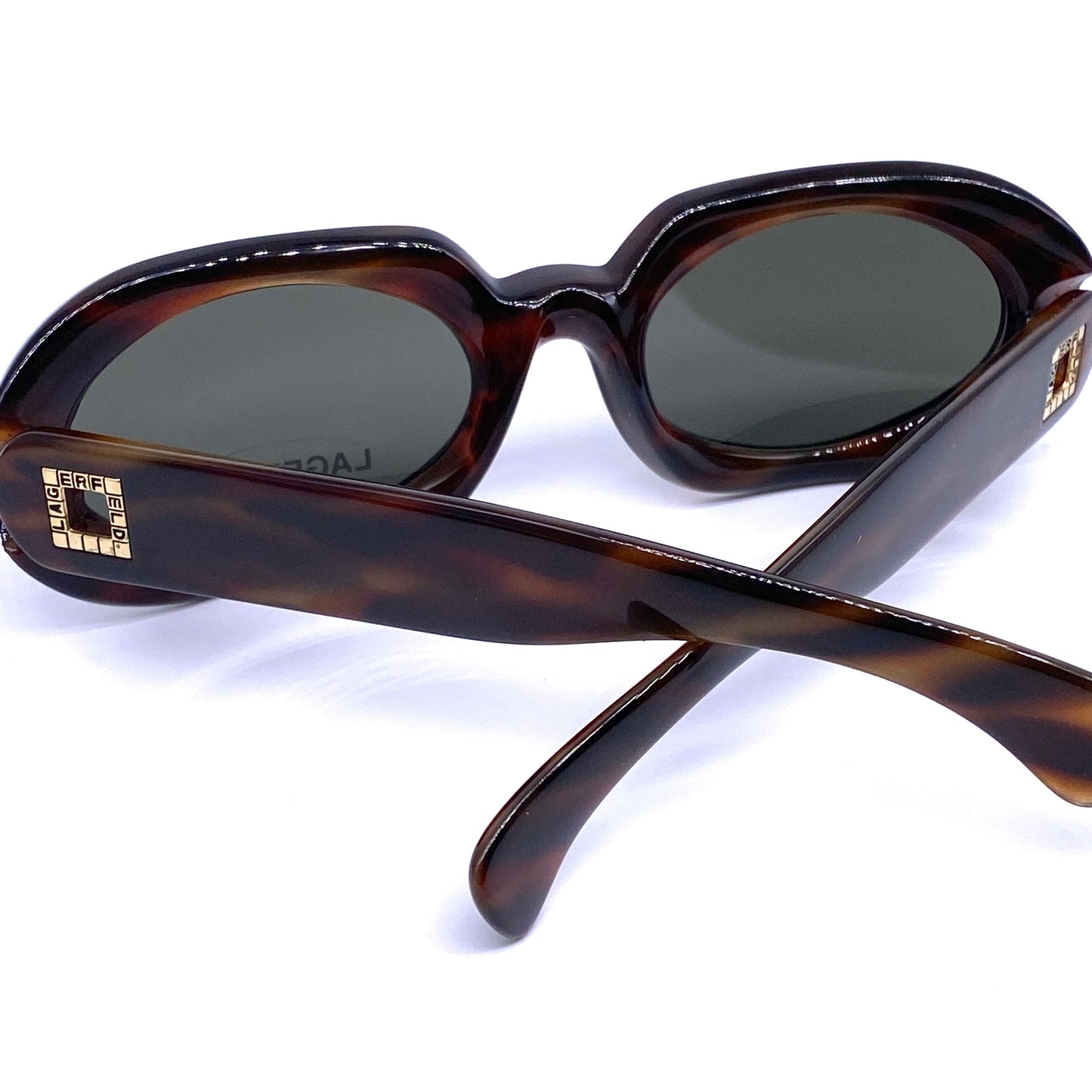 Karl Lagerfeld ladies thick oval sunglasses with square cutoff branding detail, NOS 90s France