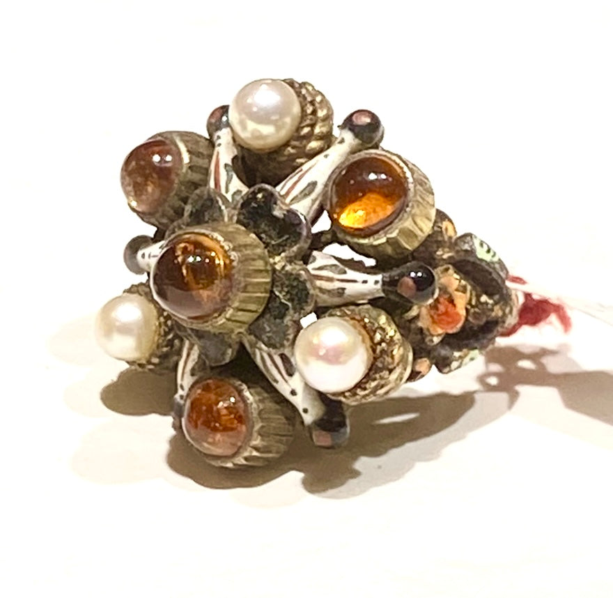 Round windstar, pearls & amber spheres 925 gold plated rings, NOS 60s