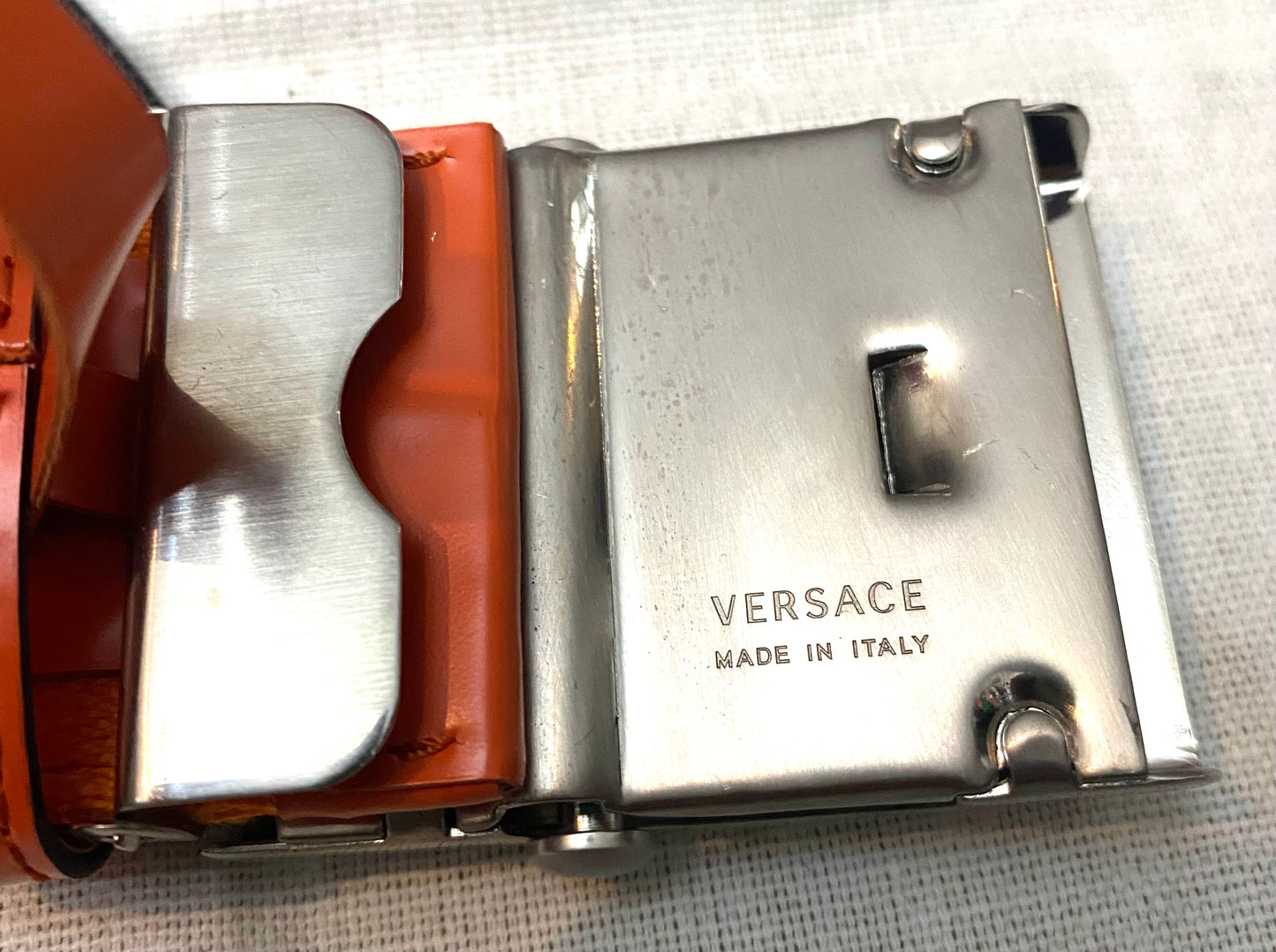 Versace orange Greek safety style strap belt, new with tags