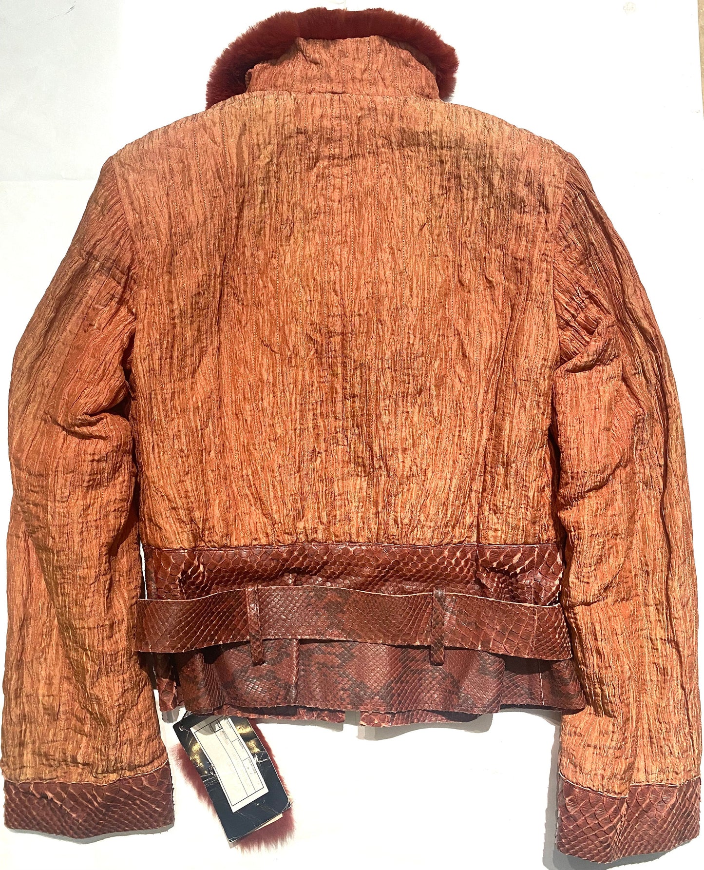 Artisanal 2 in 1 lapin fur / satin crèpe  jacket w python leather details, NOS 90s Italy sz 46