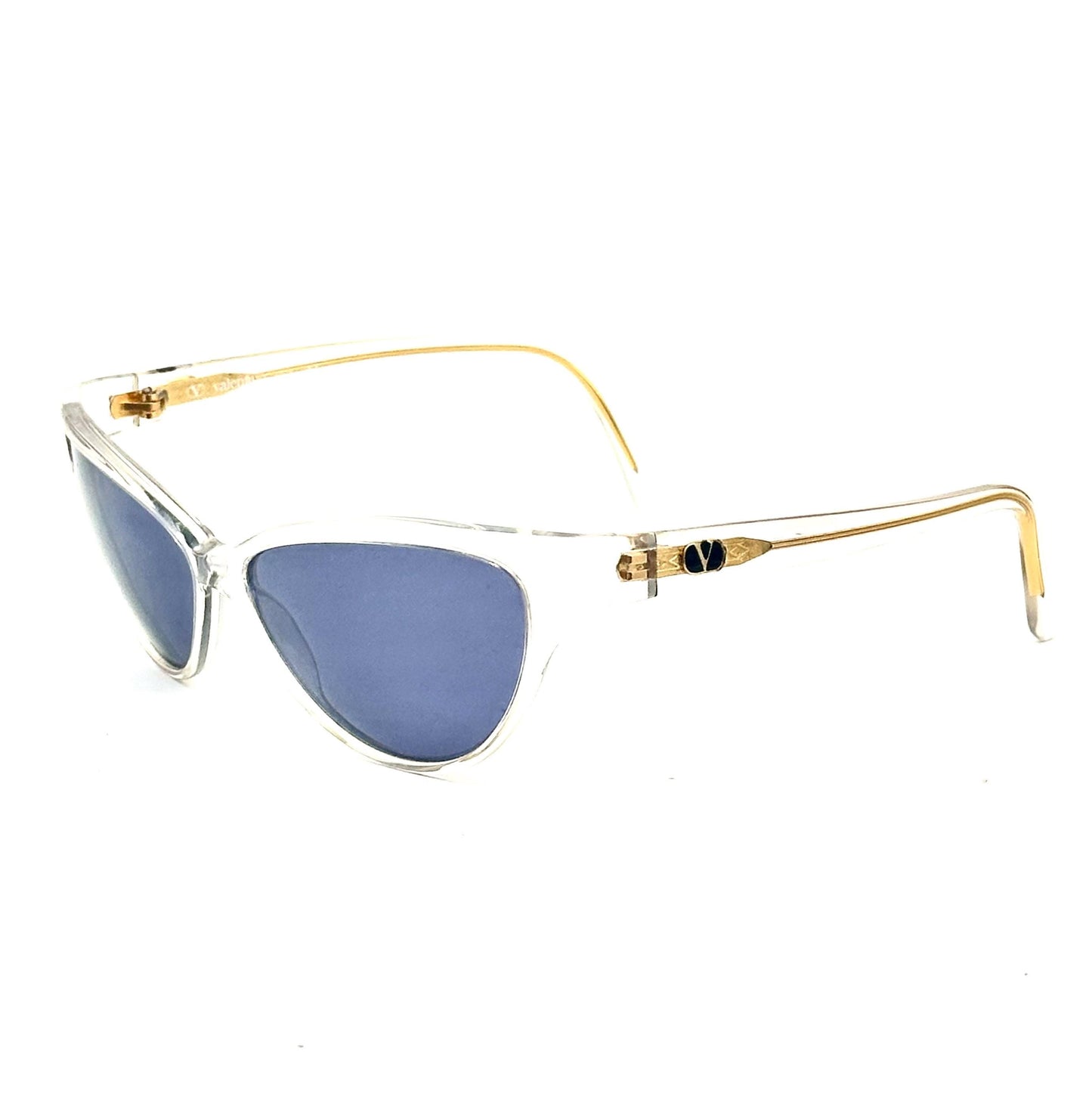Valentino V606 modern cateye sunglasses in clear cello Golden V logo detail, NOS 90s.
