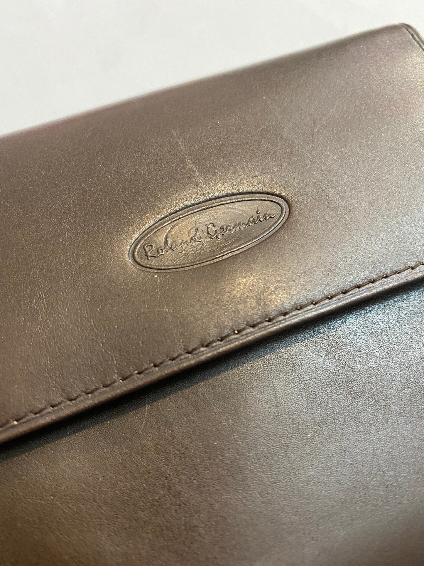 Roland Germani unisex softest dark brown leather wallet w press printed branding, NOS 90s