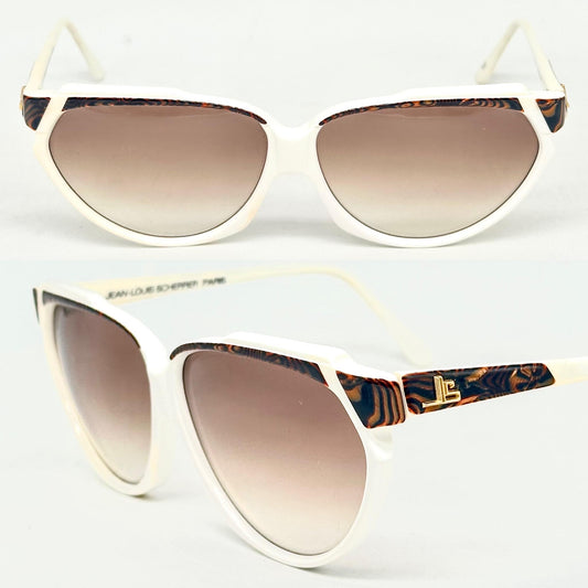 Jean-Louis Scherrer Paris frame 876 white acetate with fluid animalier marbled parts and golden JLS logo detail 90s NOS France