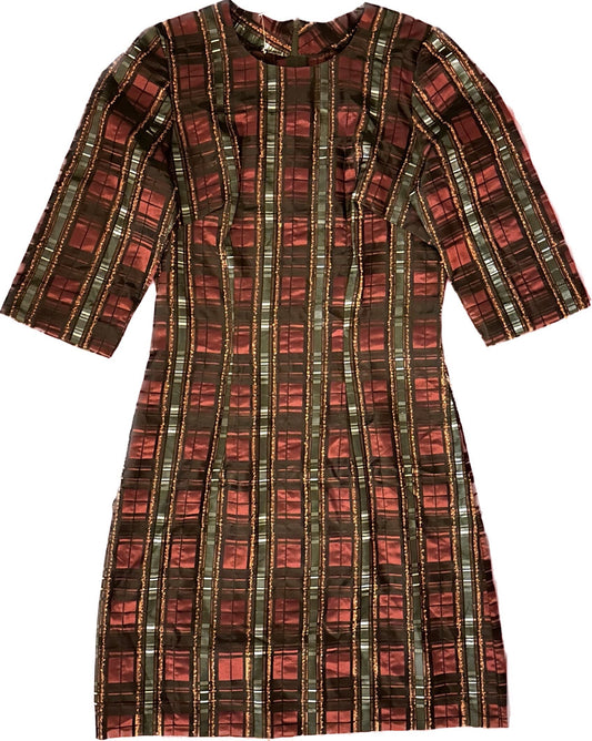 Tailor made tartan sheath dress in jacquard satin fabric, psz S/M, 1980s Italy