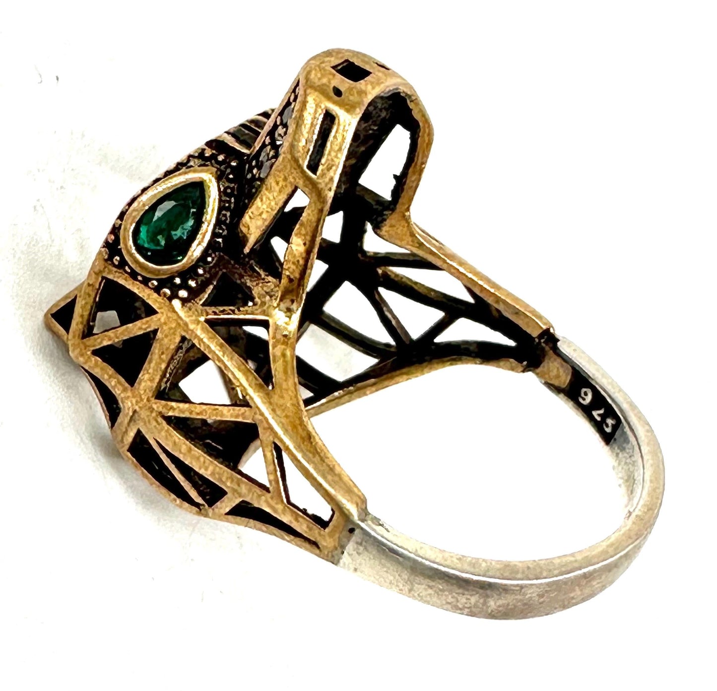 Anubi low-poly 925 silver-brass ring embellished w crystals, Beautiful and mint