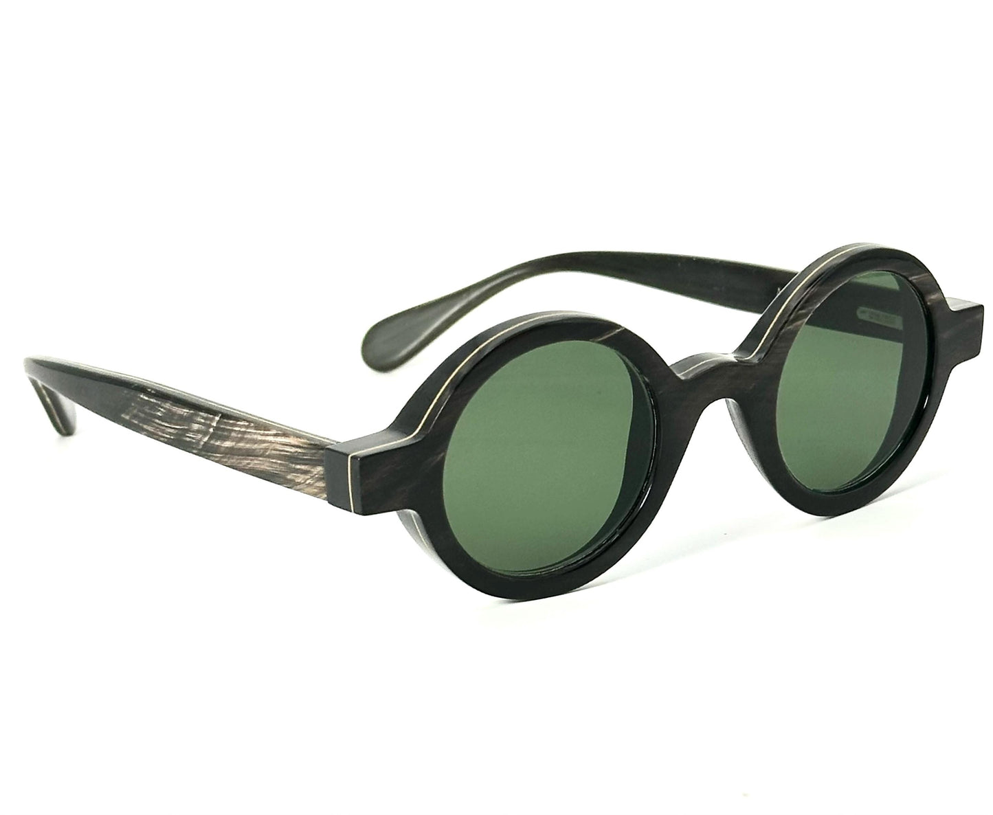 Hoffmann Amalia hand made round buffalo horn sunglasses fitted w green antiglare lenses mint