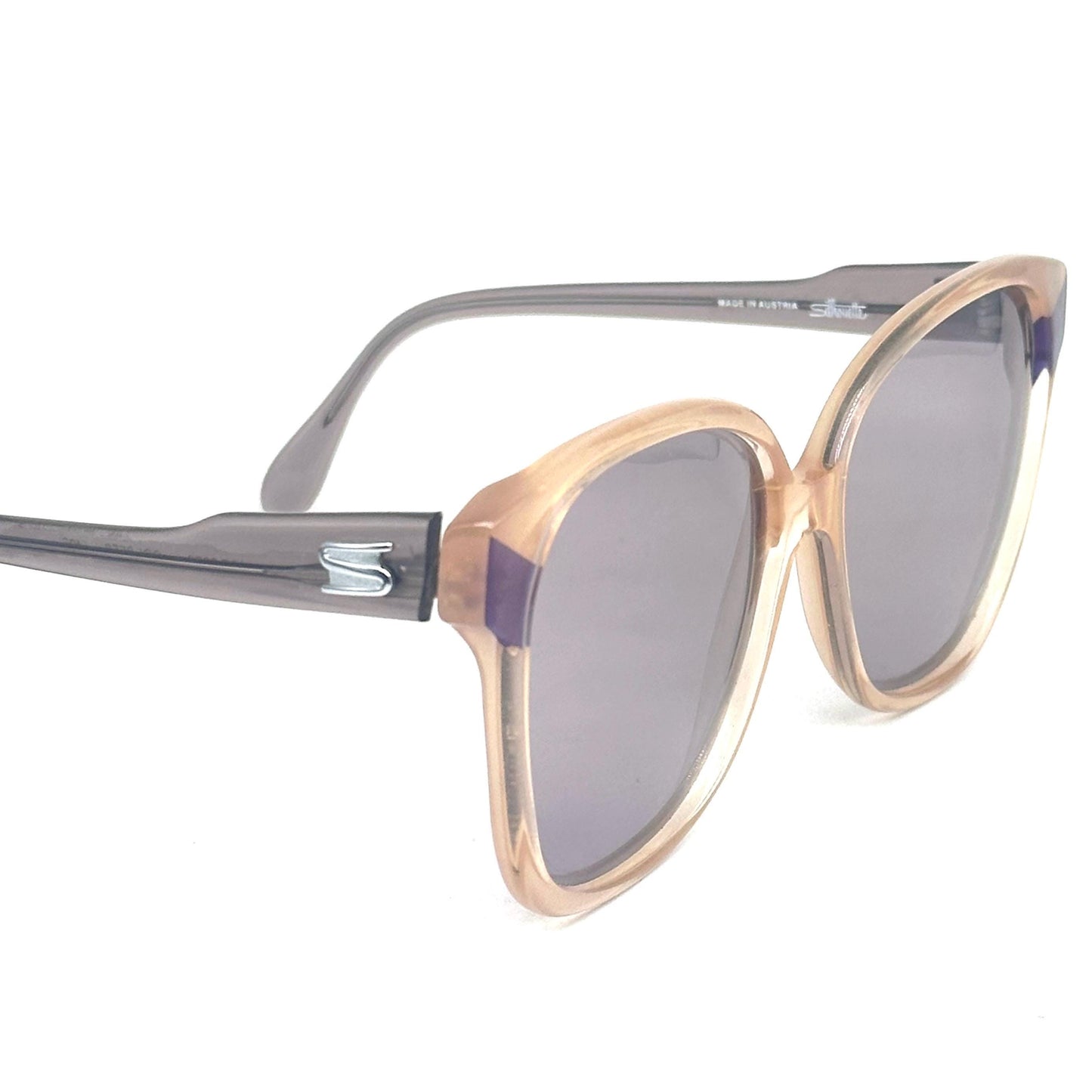 Silhouette 3023 cream and purple clear oversized sunglasses with purple diagonals on the sides, 1980s NOS Austria