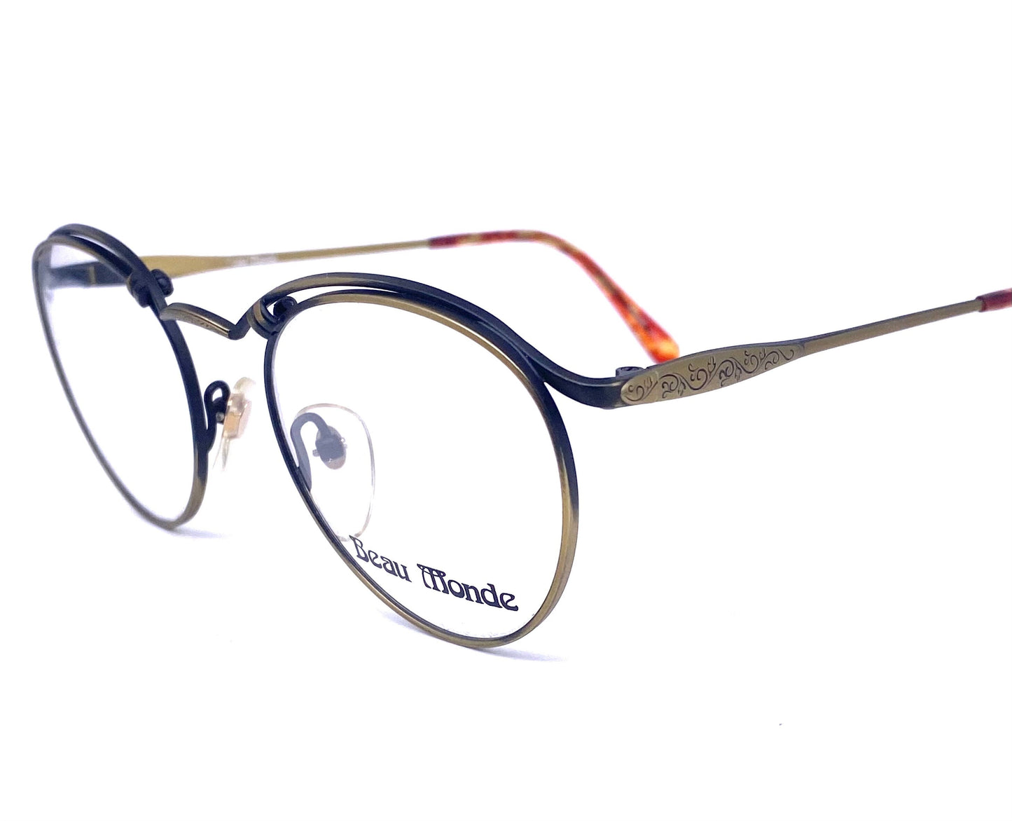 Beau Monde Chelsea luxury round-pantos eyeglasses frames in antiqued brass w- decó style carvings, NoS 80s Japan