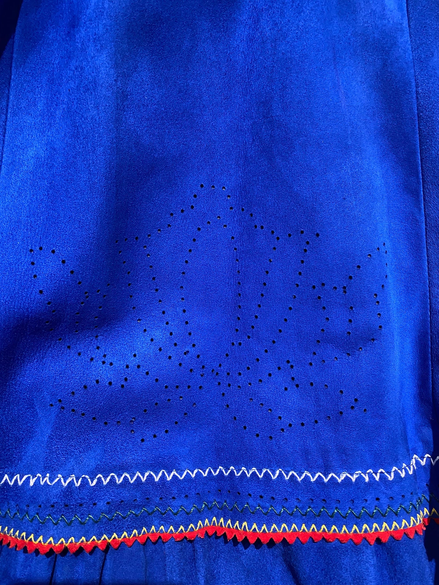 Pancaldi blue suede 2pcs vest / long skirt set w yellow/red striped and cutoff lotus flower detail, NOS 70s Mint