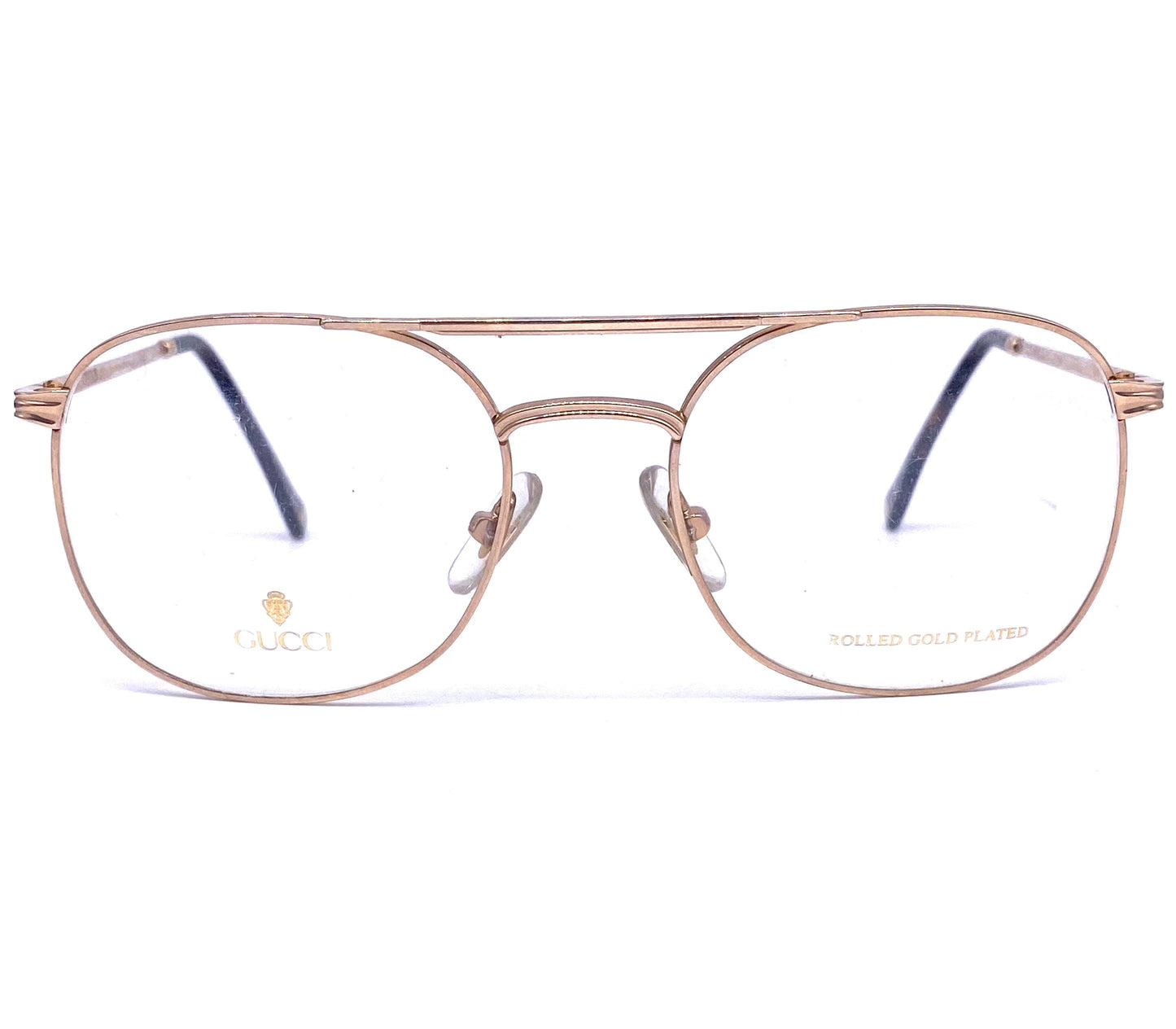 Gucci 1272 Rolled gold dbl bridge aviator eyeglasses with carved details, NOS 80s Italy
