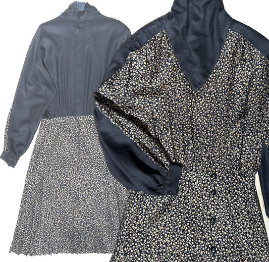 Valentino Boutique 1980s classy black/beige floral long woolen dress, in mint condition sz 10