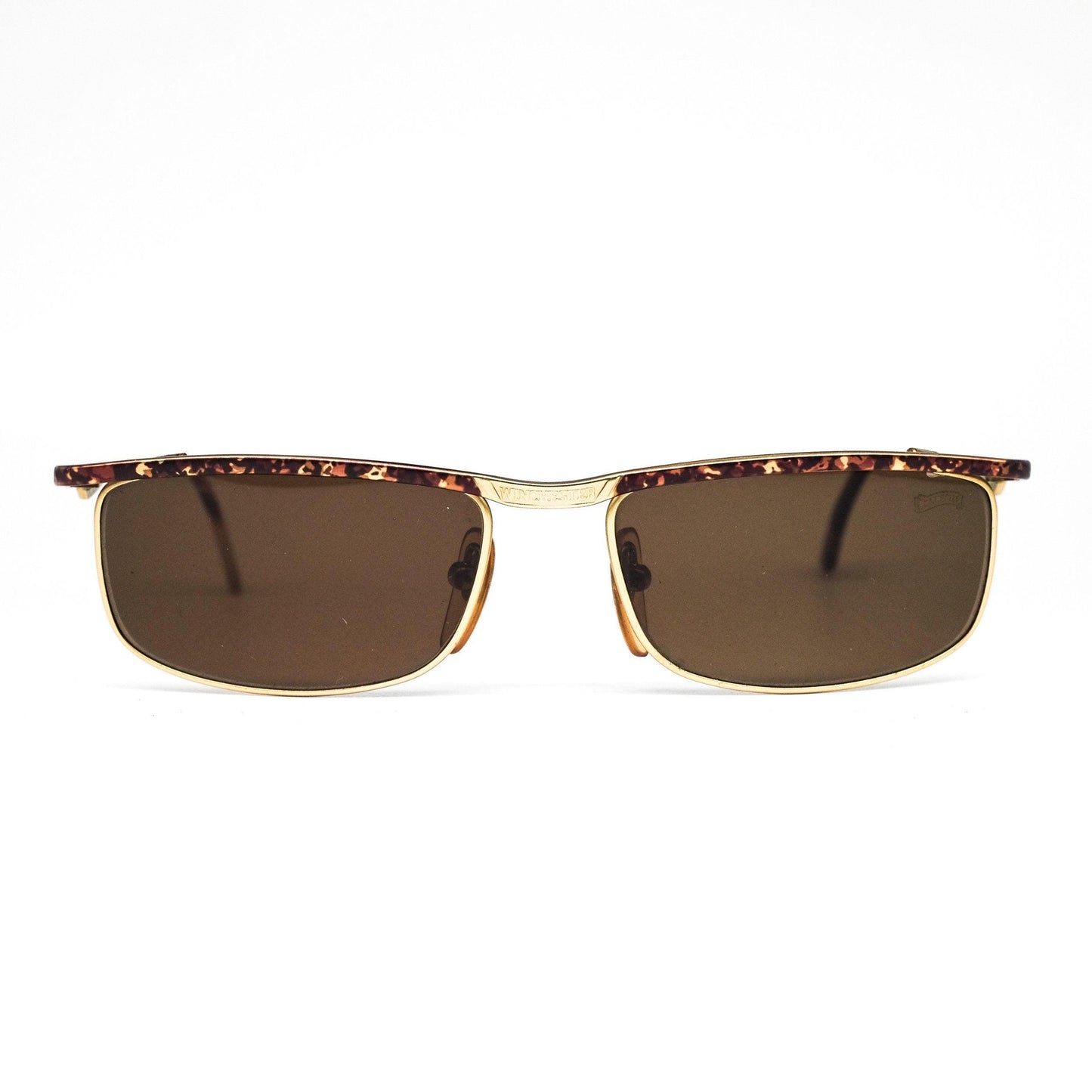 Winchester tortoise-gold square metal sunglasses, w carved-enameled details, NoS 80s.