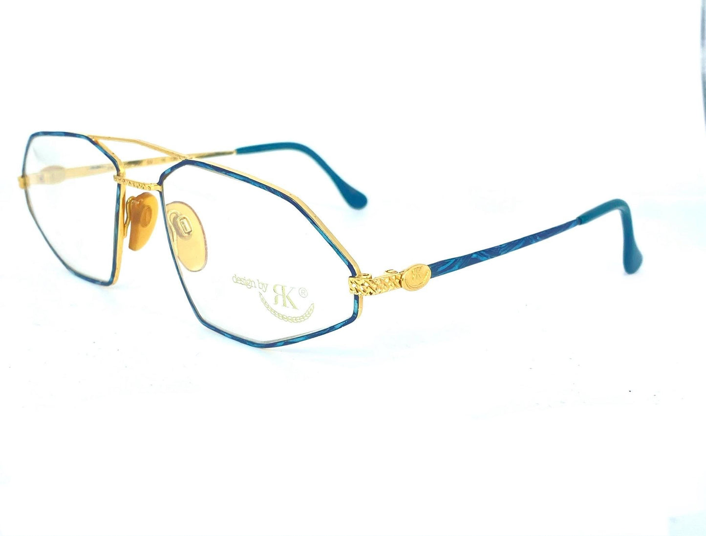 RK Design collectible avant-garde frames, polygonal dbl bridge golden metal w green enameled texture,  W Germany 80s NOS