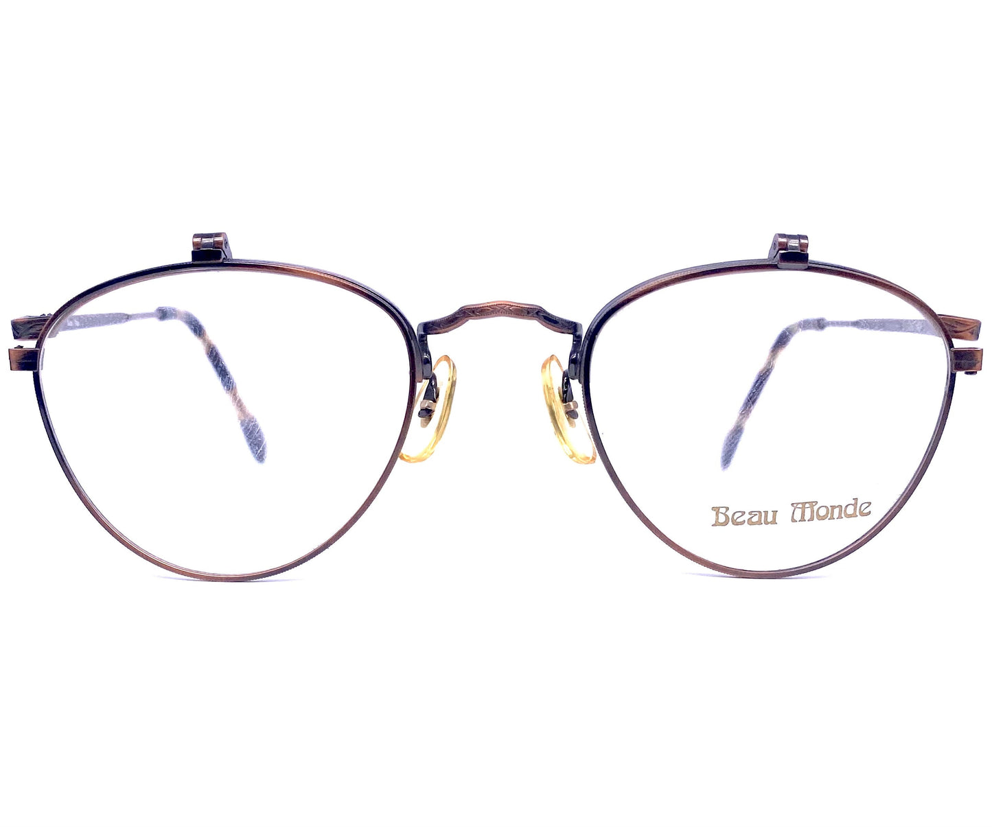 Beau Monde Yorkshire round antiqued copper flip-up eyeglasses frames, super hip piece made in Japan 80s NOS